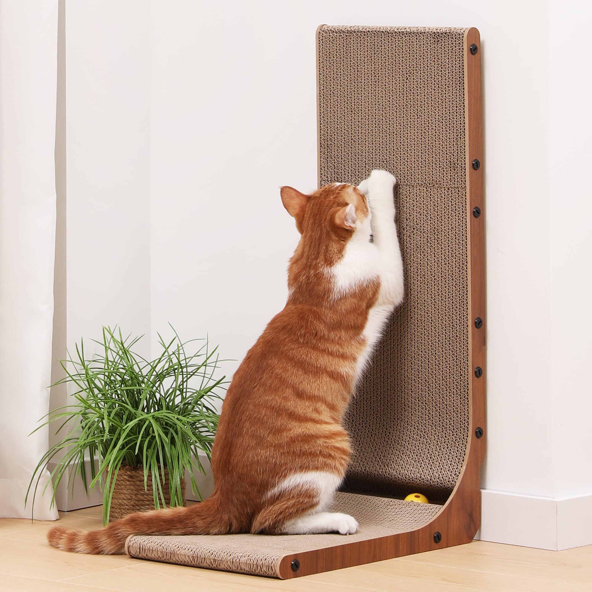 FUKUMARU Cat Scratcher, 26.8 Inch Cat Scratch Pad for Indoor Cats, L Shaped Cardboard Vertical Cats Scratching Board with Ball T