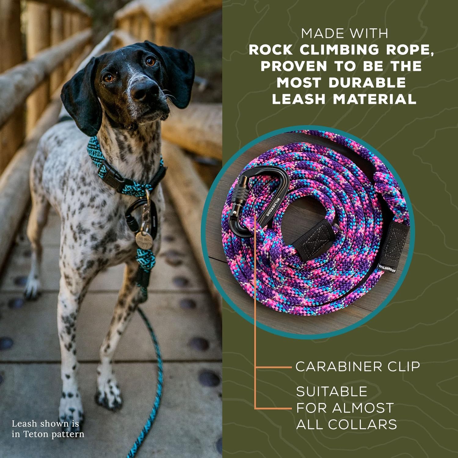 Wilderdog Carabiner Climbing Rope Dog Leash For Medium & Large Dogs - 5Ft - Camo