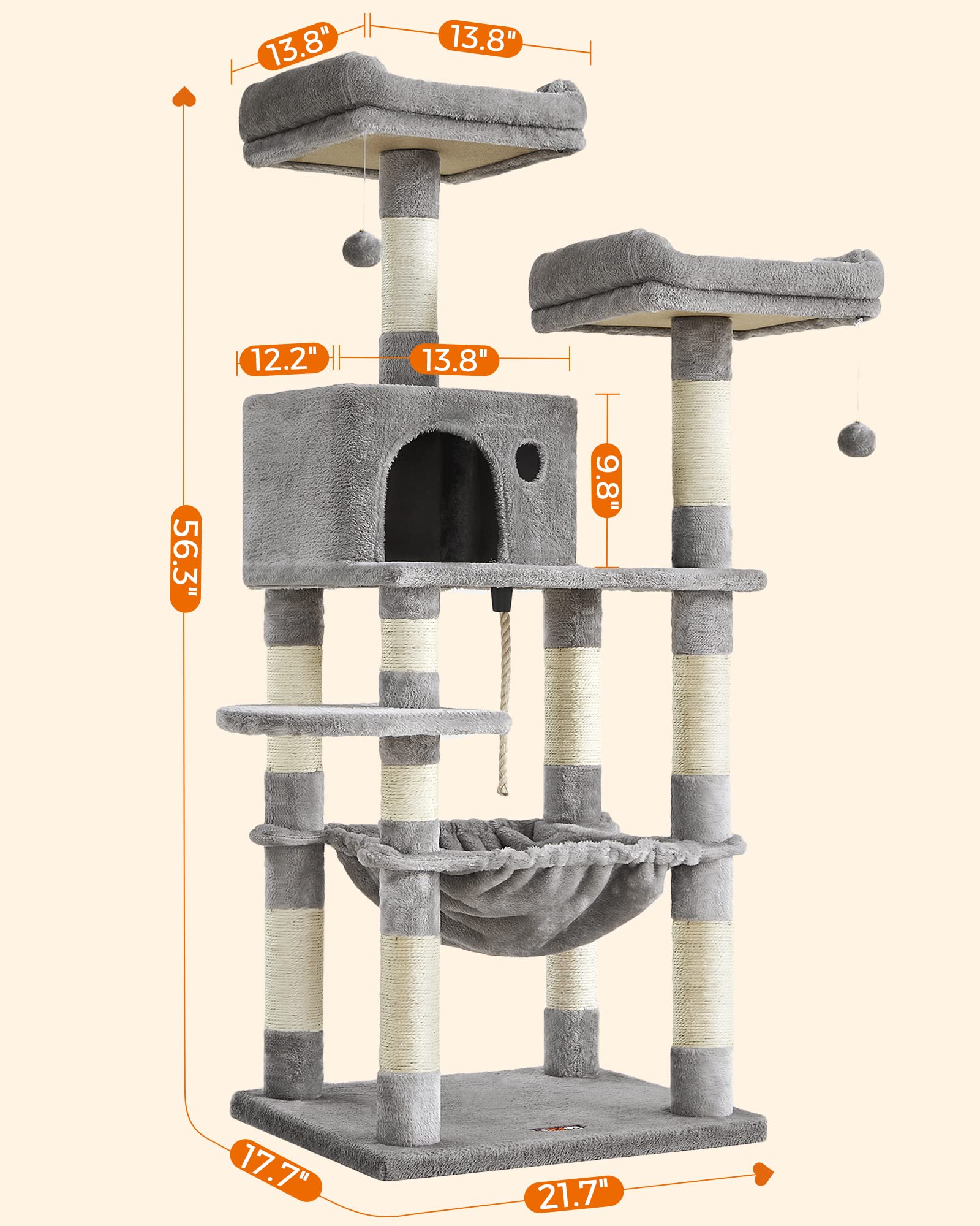 Feandrea Cat Tree, Cat Tower For Indoor Cats, 56.3-Inch Cat Condo With Scratching Posts, Hammock, Plush Perch, Light Gray Upct15