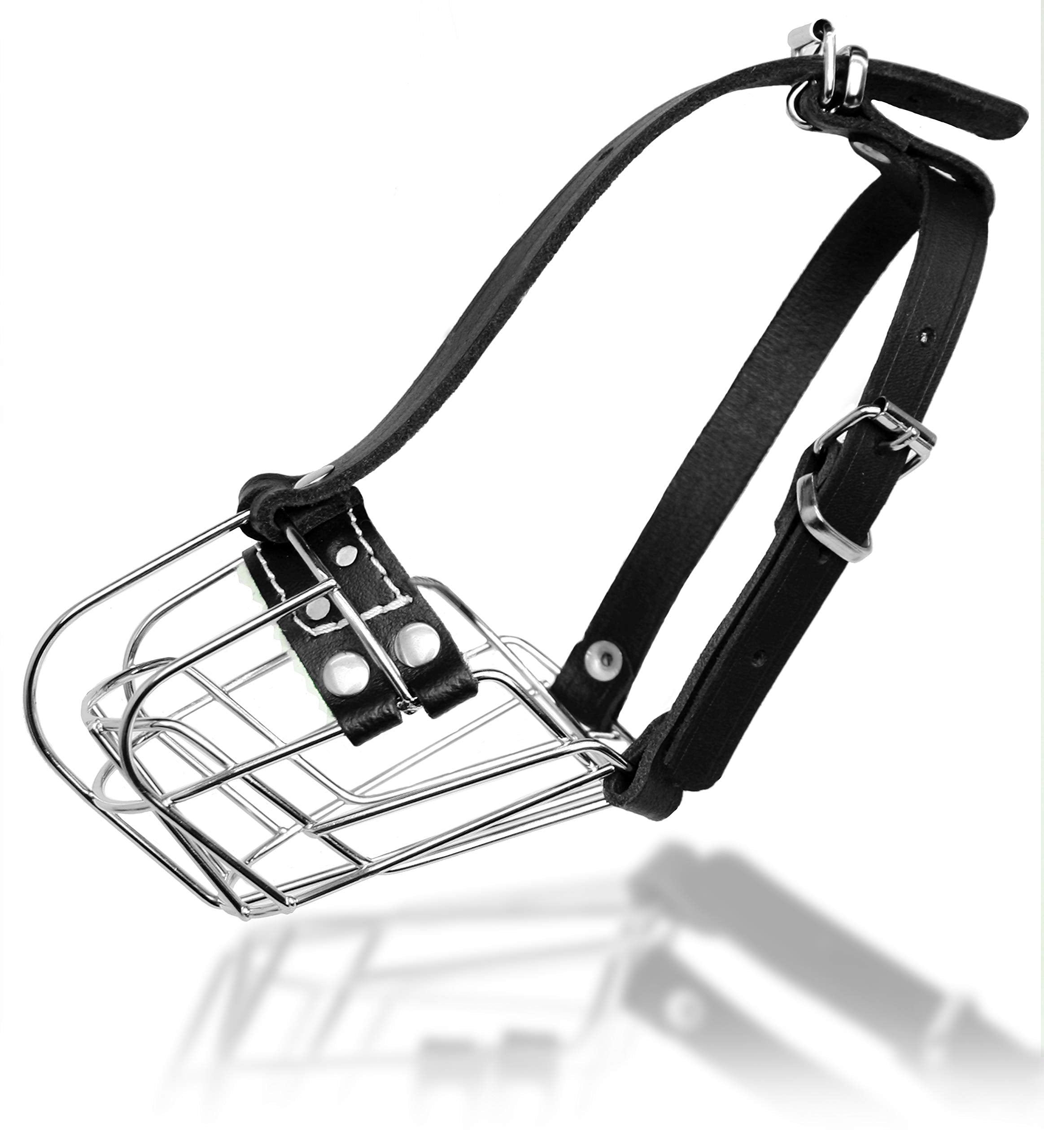 Dog Chrome Metal Muzzles Wire Basket Adjustable Leather Straps (?6) Circumference Is 13-13.8 In, Length Is 3.9-4.3 In - Dog Muzz