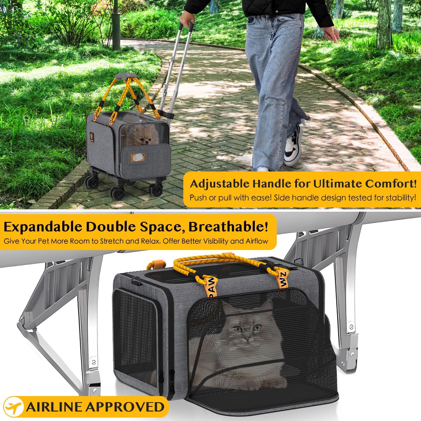 Pawzidea Expandable Pet Carrier With Wheels, 18X11X11 Tsa Airline Approved Cat Carrier W/Id Card For 2 Cats, Small Dog Carrier C