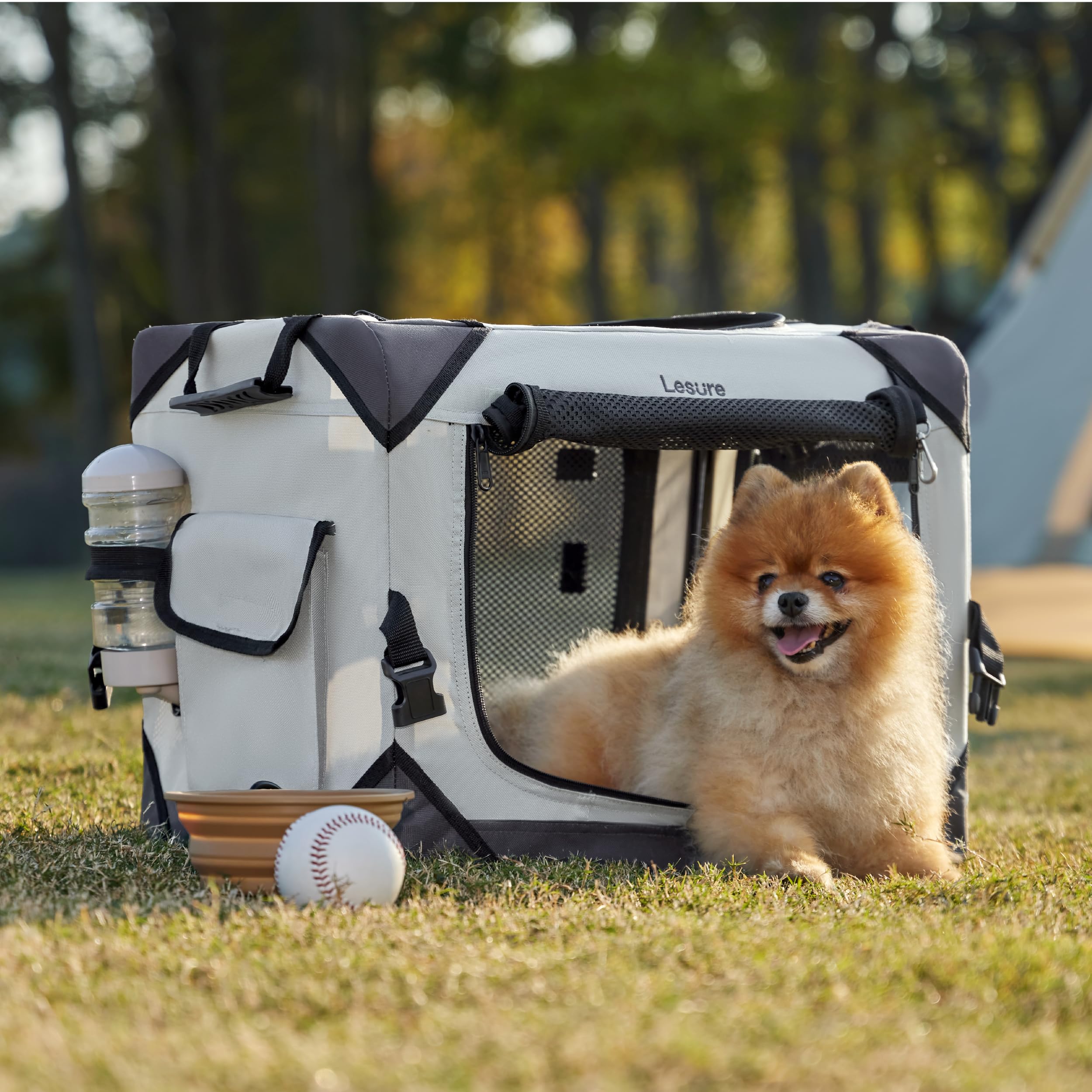LE SURE Collapsible Dog Crate - Portable Travel Kennel for Extra Small Dogs, 20"x13"x15", Light Gray, 4-Door with Mesh Windows