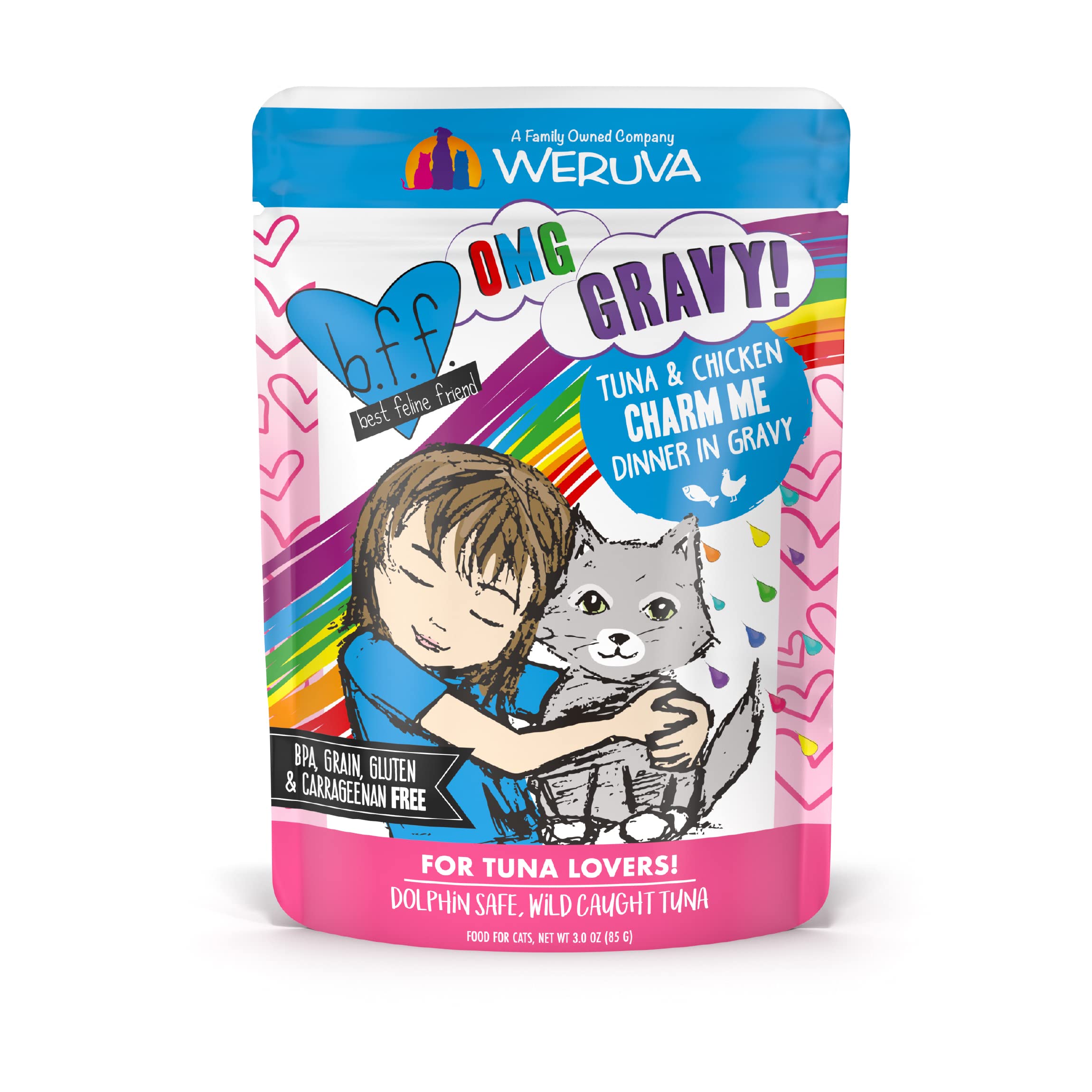 Weruva B.F.F. OMG - Best Feline Friend Oh My Gravy! Tuna & Chicken Charm Me with Tuna & Chicken in Gravy Cat Food, 3oz Pouch (Pa