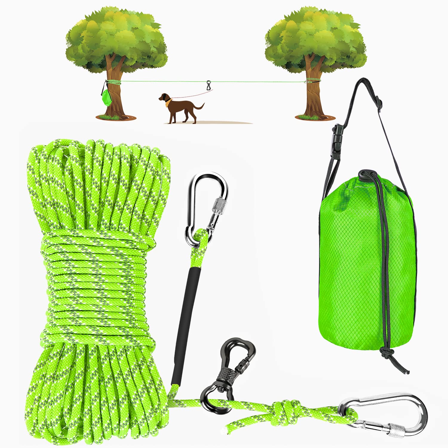 Xiaz Dog Tie Out Cable For Camping, 100Ft Portable Overhead Trolley System For Dogs Up To 300Lbs，Dog Lead For Yard, Camping, Parks, Outdoor Events,5 Min Set-Up, Green