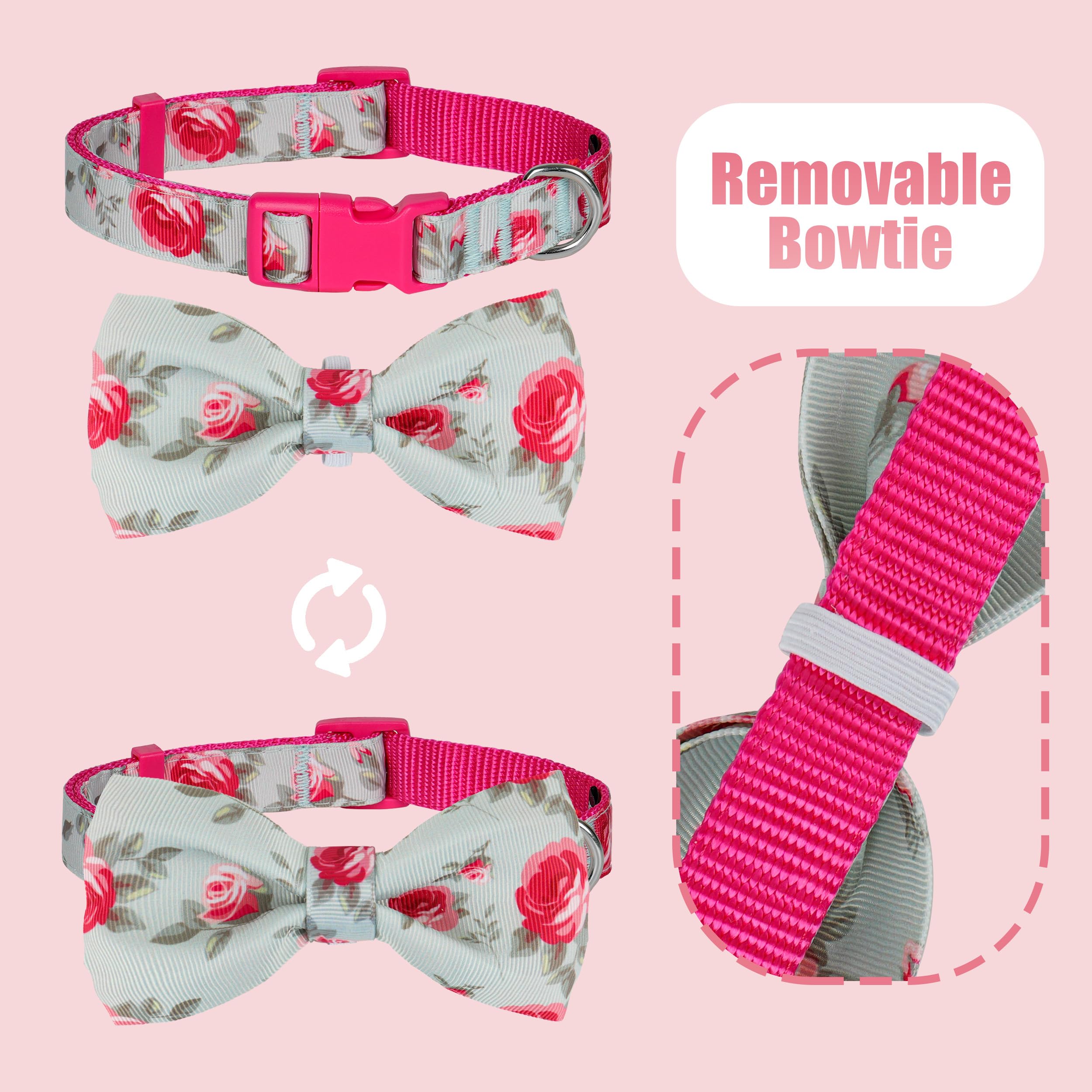 Azuza Dog Collar With Bow Tie, Soft And Comfortable Adjustable Bowtie Dog Collar For Large Dogs (L, Camellia Flower)