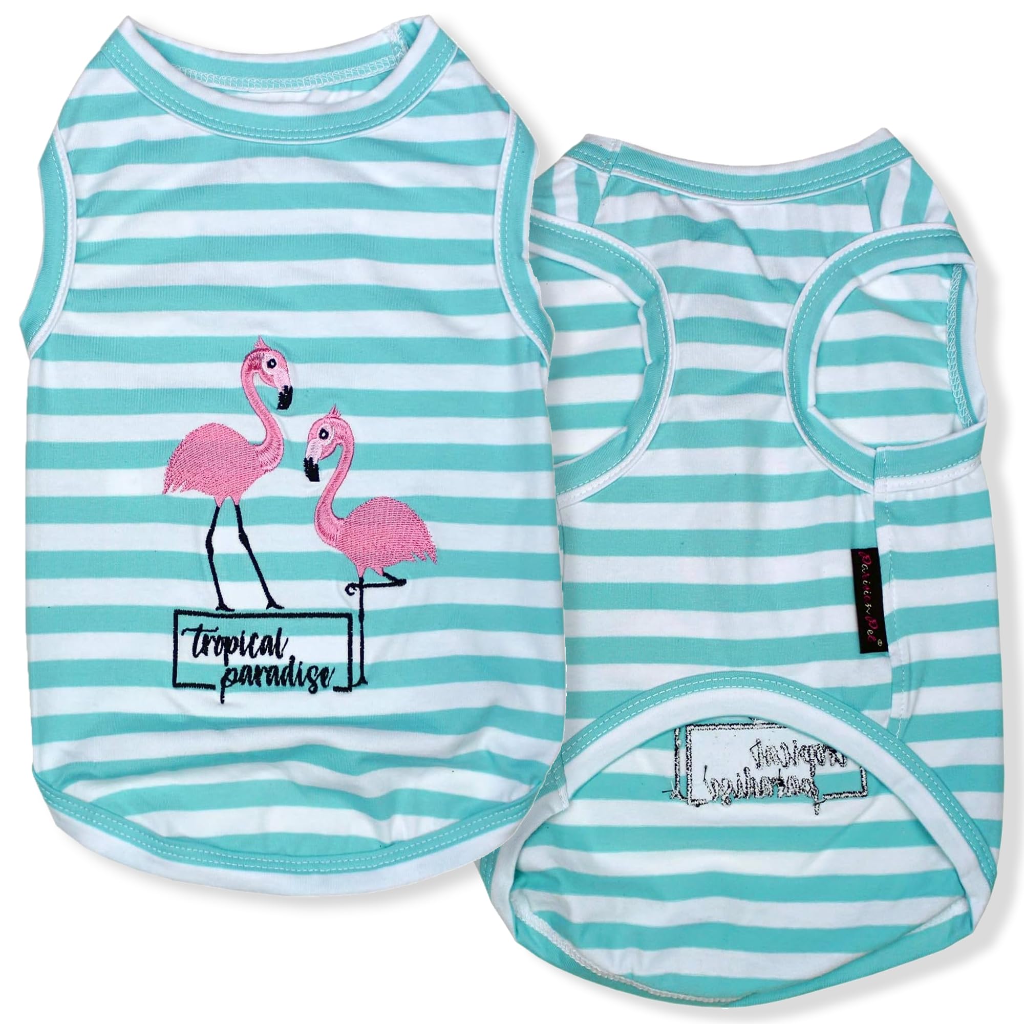 Parisian Pet Dog Tshirt - Embroidered  Flamingos  Tank Top - 100% Cotton And Lightweight Dog Clothes - Sleeveless Tee Shirts - M