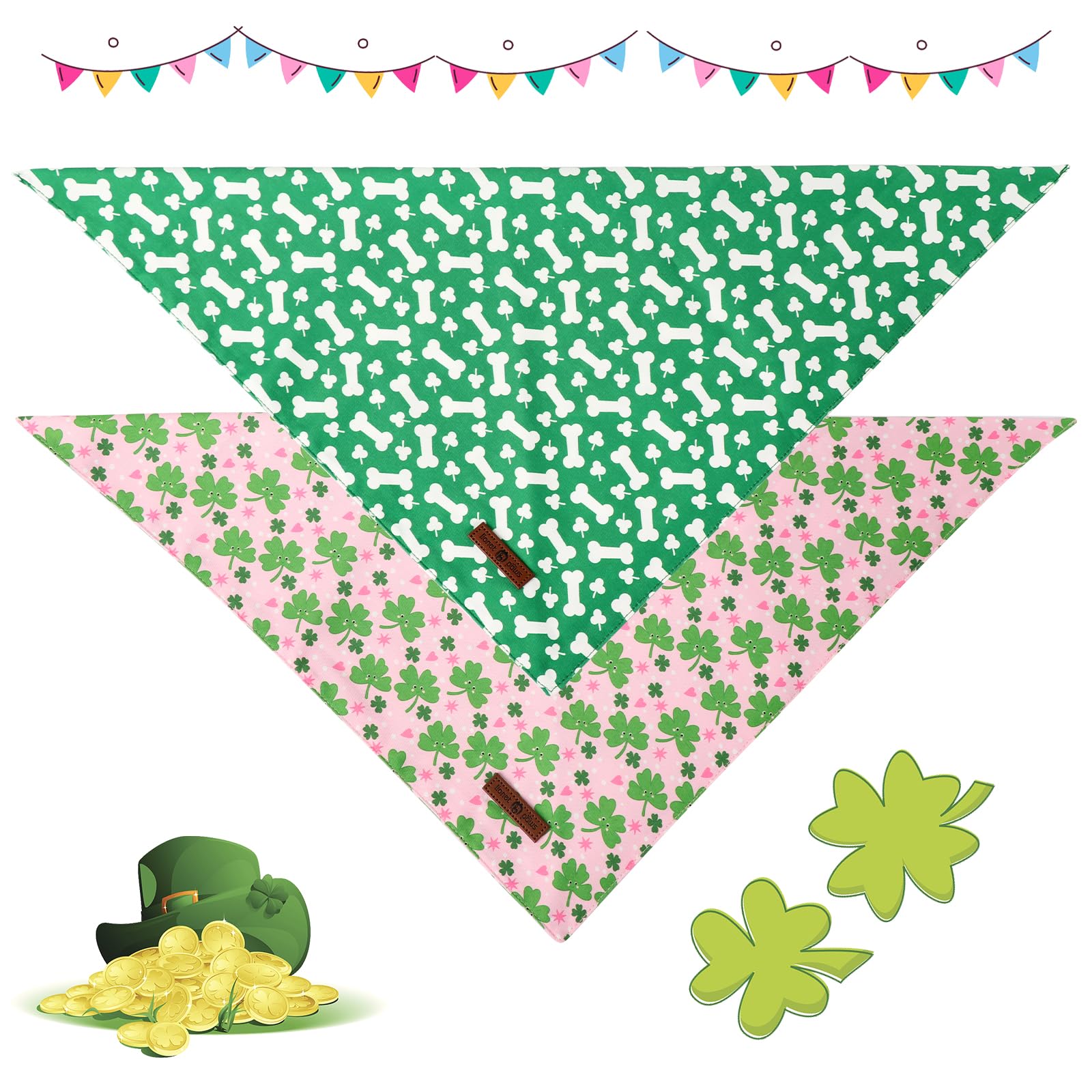 Lionet Paws St. Patrick 2Pcs Dog Bandanas, Green Clover Dog Scarf Bib Premium Fabric, Happy St. Patrick Pink Bandanas For Medium