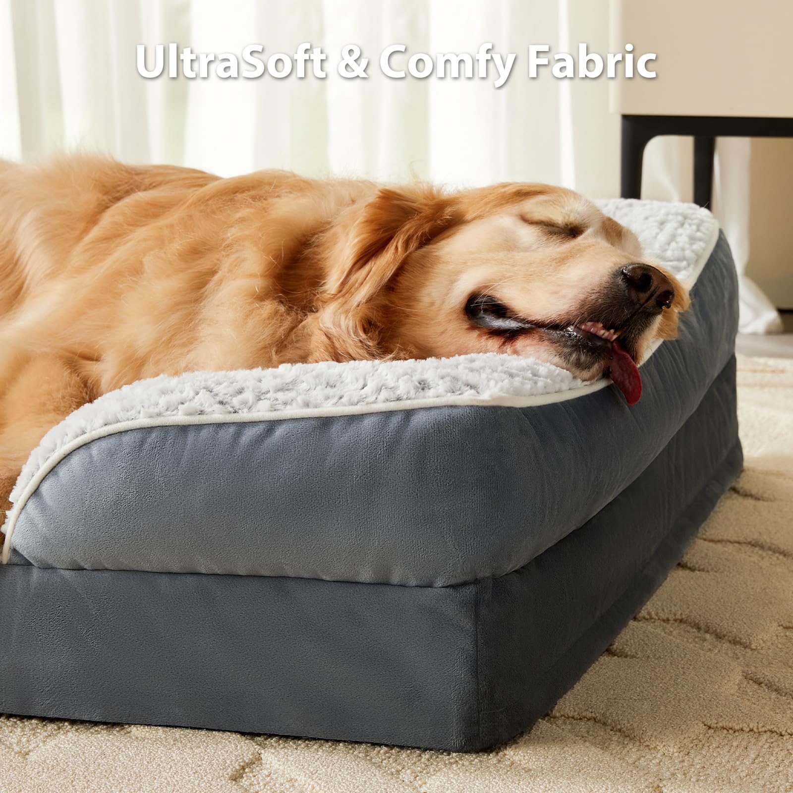 LEXTRO Orthopedic Dog Bed for Large Dogs, Egg Crate Foam, 42"x30"x7", Deep Grey, Waterproof Cover, Anti-Slip Bottom