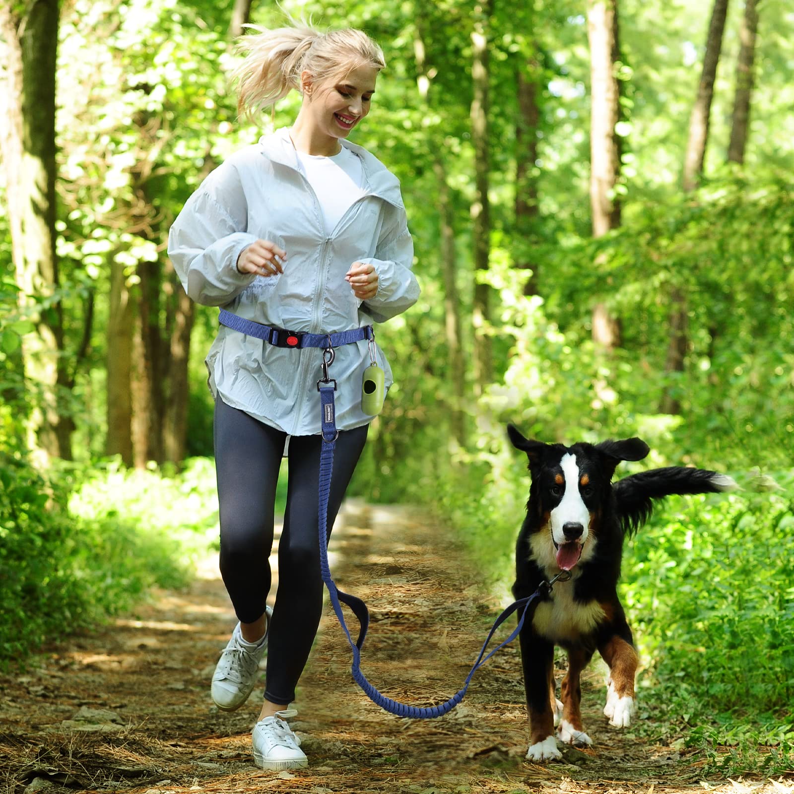 Vivaglory Hands Free Dog Leash With Dual Advanced Anti-Shock Bungees And Padded Handles, Reflective Waist Running Leash With Adjustable Belt For Training Jogging For Medium Large Dogs, Navy Blue/Black