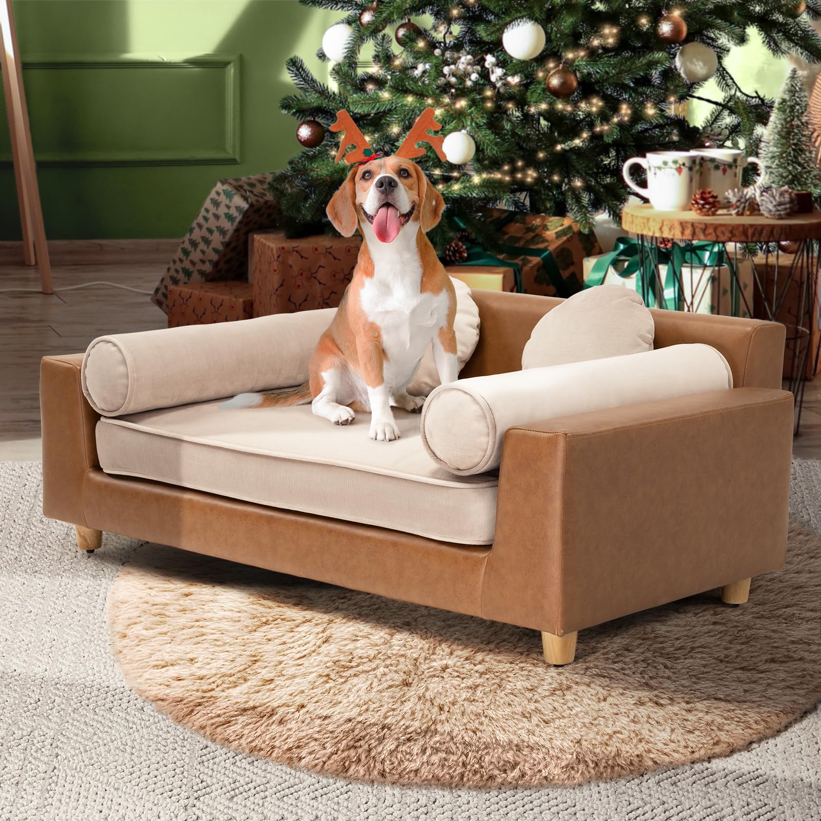 Dcee Luxury Large Dog Sofa Bed, Holds 160 Lbs, 42 In. Luxury Leather Dog Couches With Removable Washable Velvet Cushion For Comf