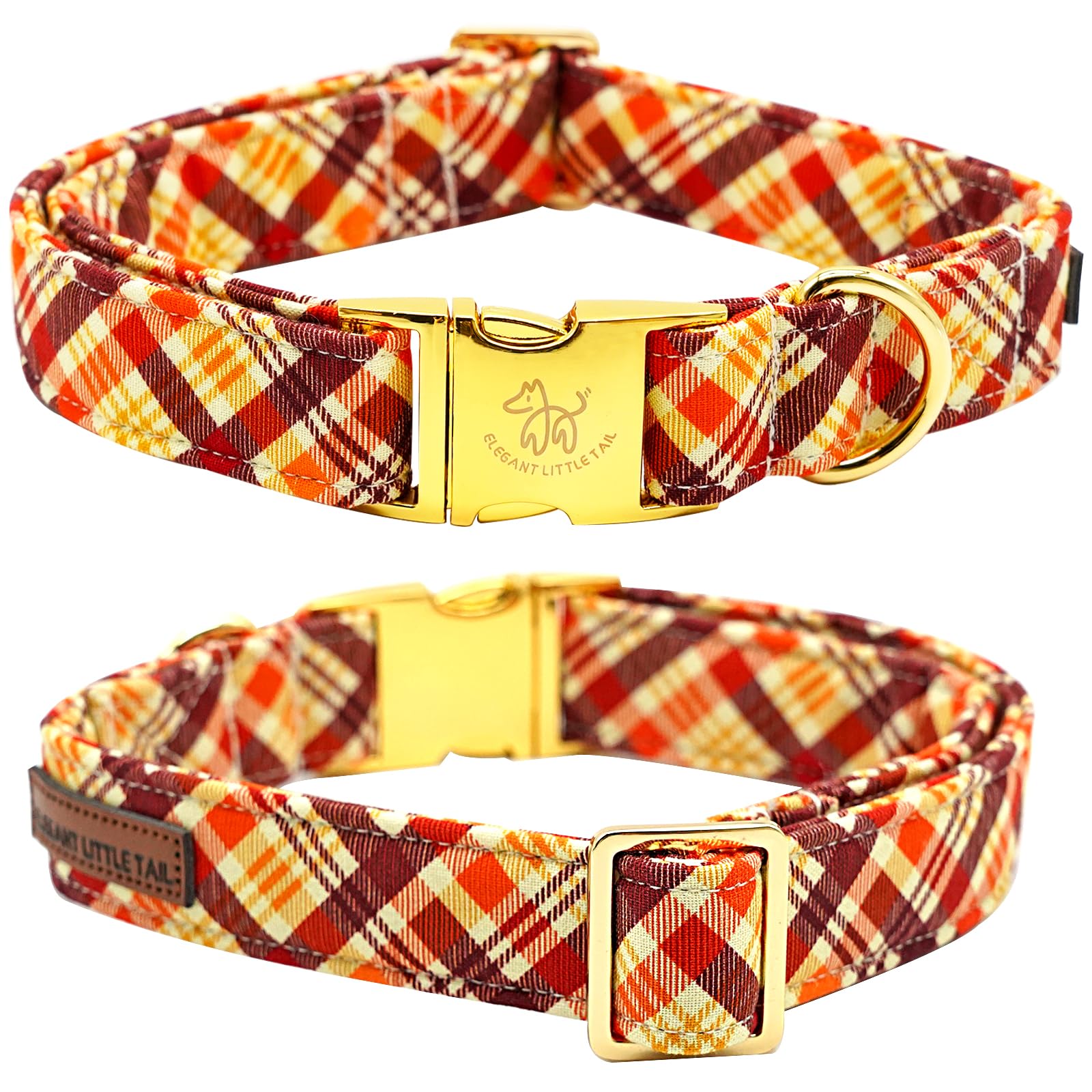 Elegant Little Tail Dog Collar - Fall Orange Plaid Pet Collar With Metal Buckle, Adjustable Cotton Collar For X-Large Dogs, Pupp