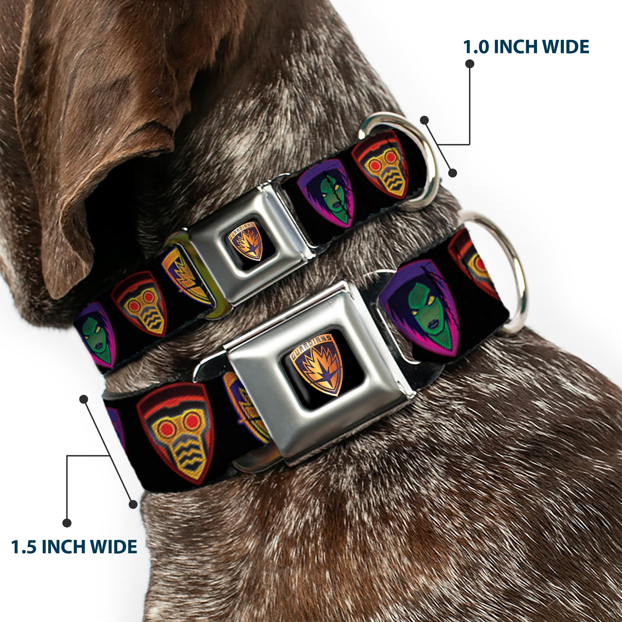 Buckle-Down Dc-Wmc111-L Seatbelt Dog Collar, Large, Guardians Of The Galaxy Badge/5-Character Icons Black/Multi Color, 1' Wide