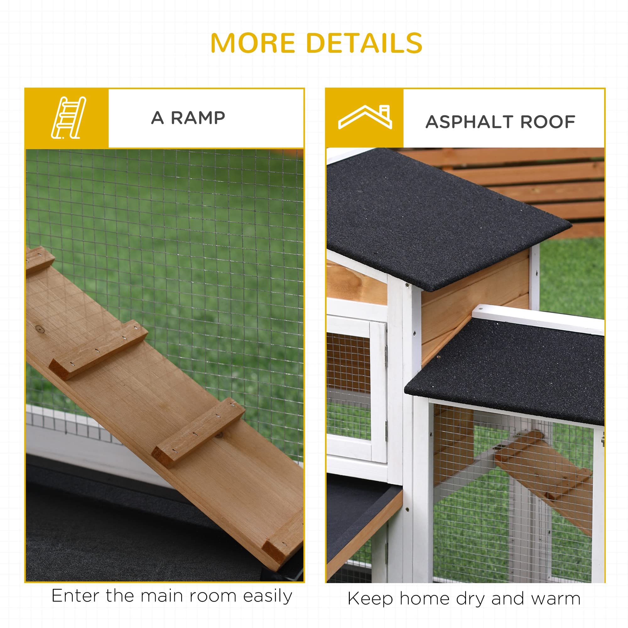 PawHut 62 Rabbit Hutch, Wooden Bunny Hutch, Guinea Pig Cage, Small Animal Enclosure with Run Area, Removable Tray, Asphalt Roof,