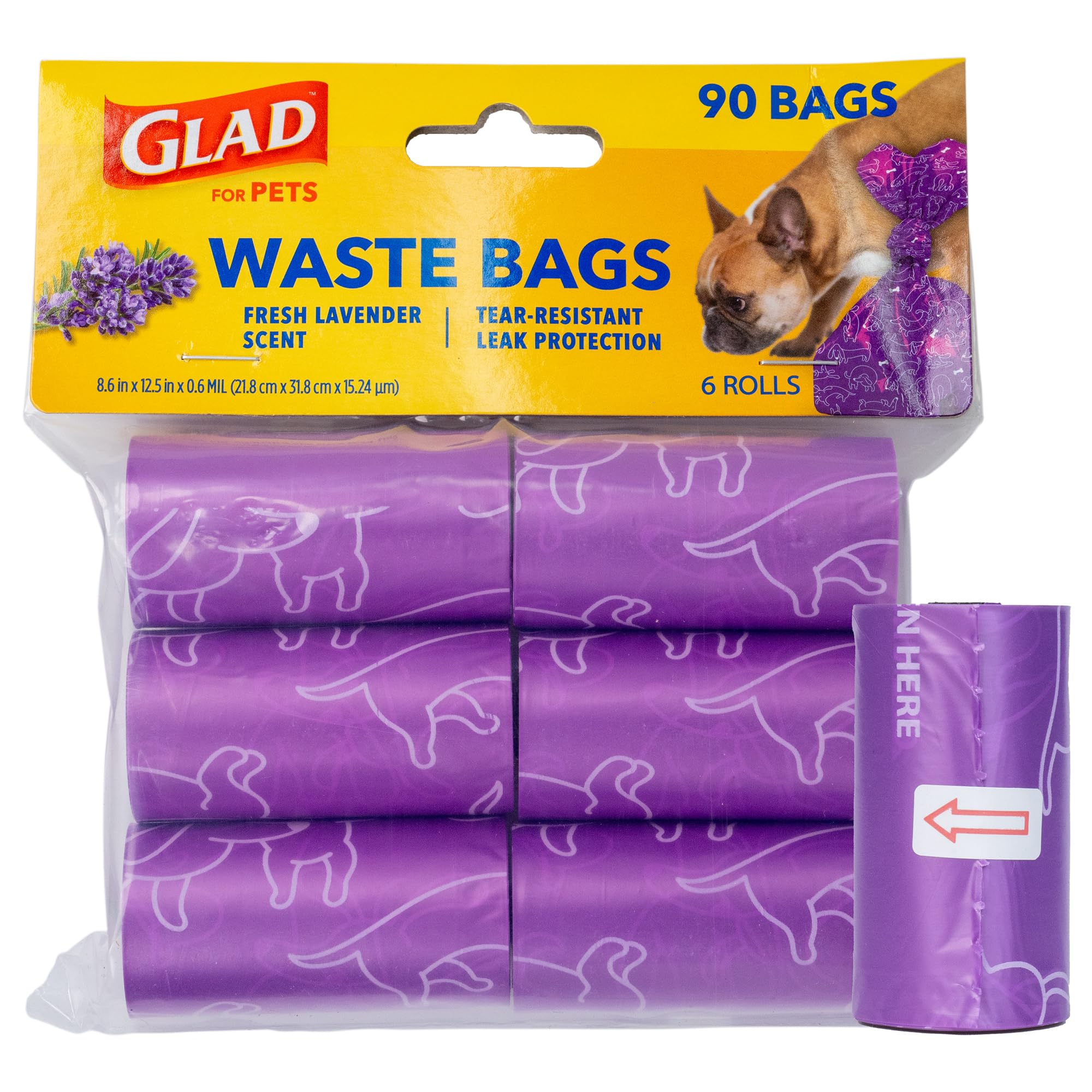 Glad for Pets Scented Waste Bags, Tear Resistant Pet Poop Pick-up Bags with Leak Protection, Fresh Lavender Scent, Purple Design