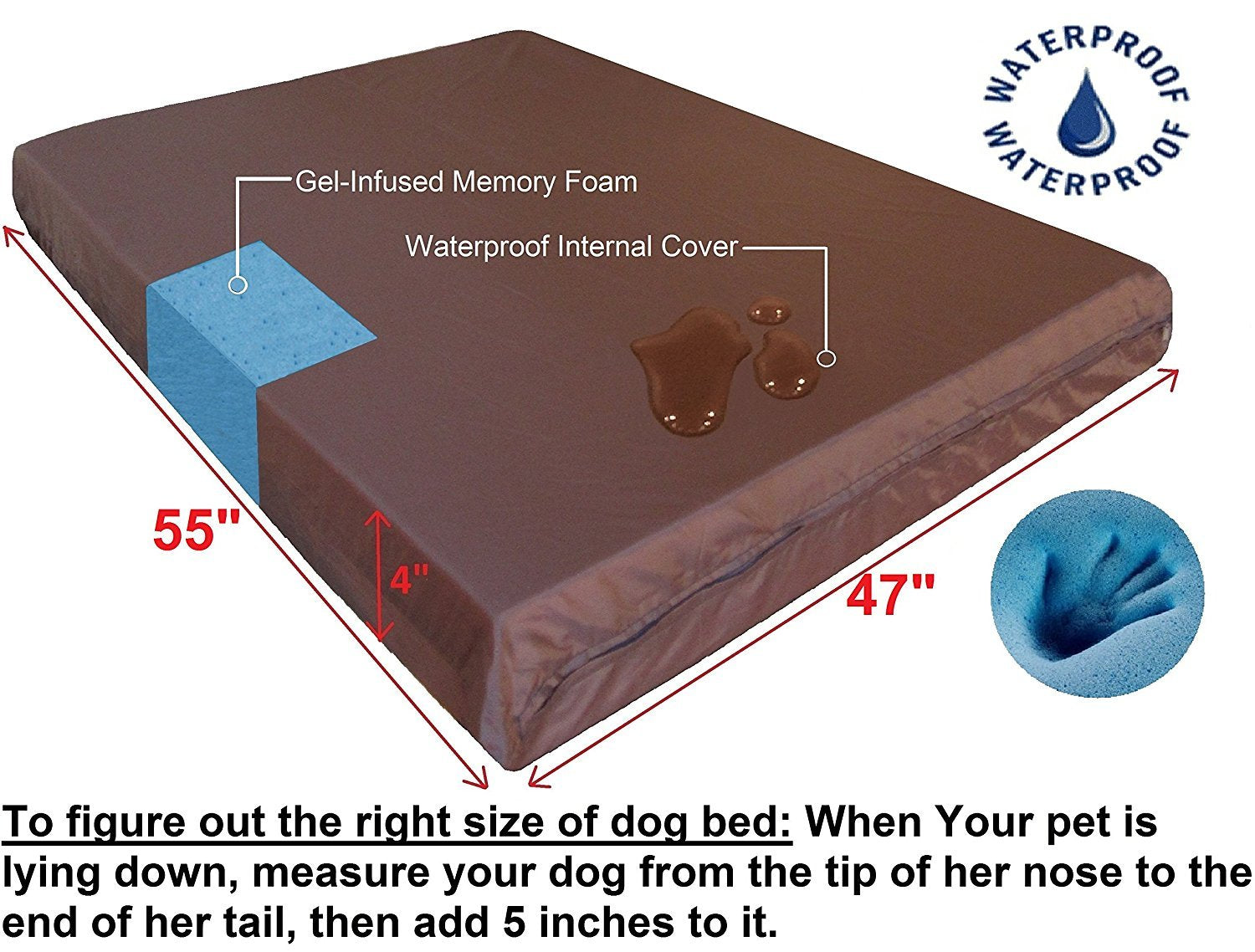 Dogbed4Less Heavy Duty Waterproof Memory Foam Orthopedic Cool Memory Foam Pet Bed For Large Dog, Jumbo 55'X47'X4'