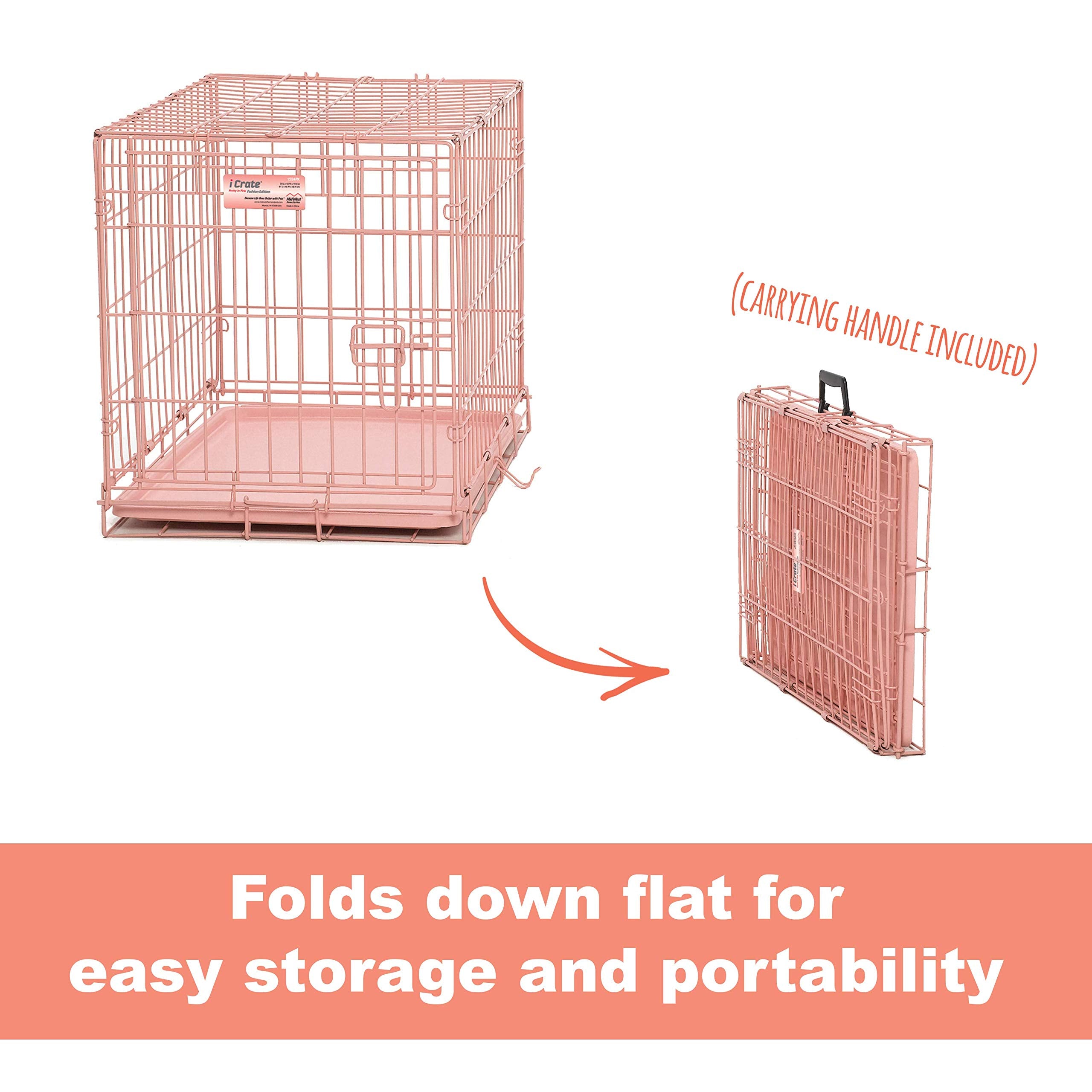 MidWest Homes for Pets iCrate 24" Pink Folding Metal Dog Crate with Divider, Roller Feet & Leak Proof Tray, Small Dog Breed