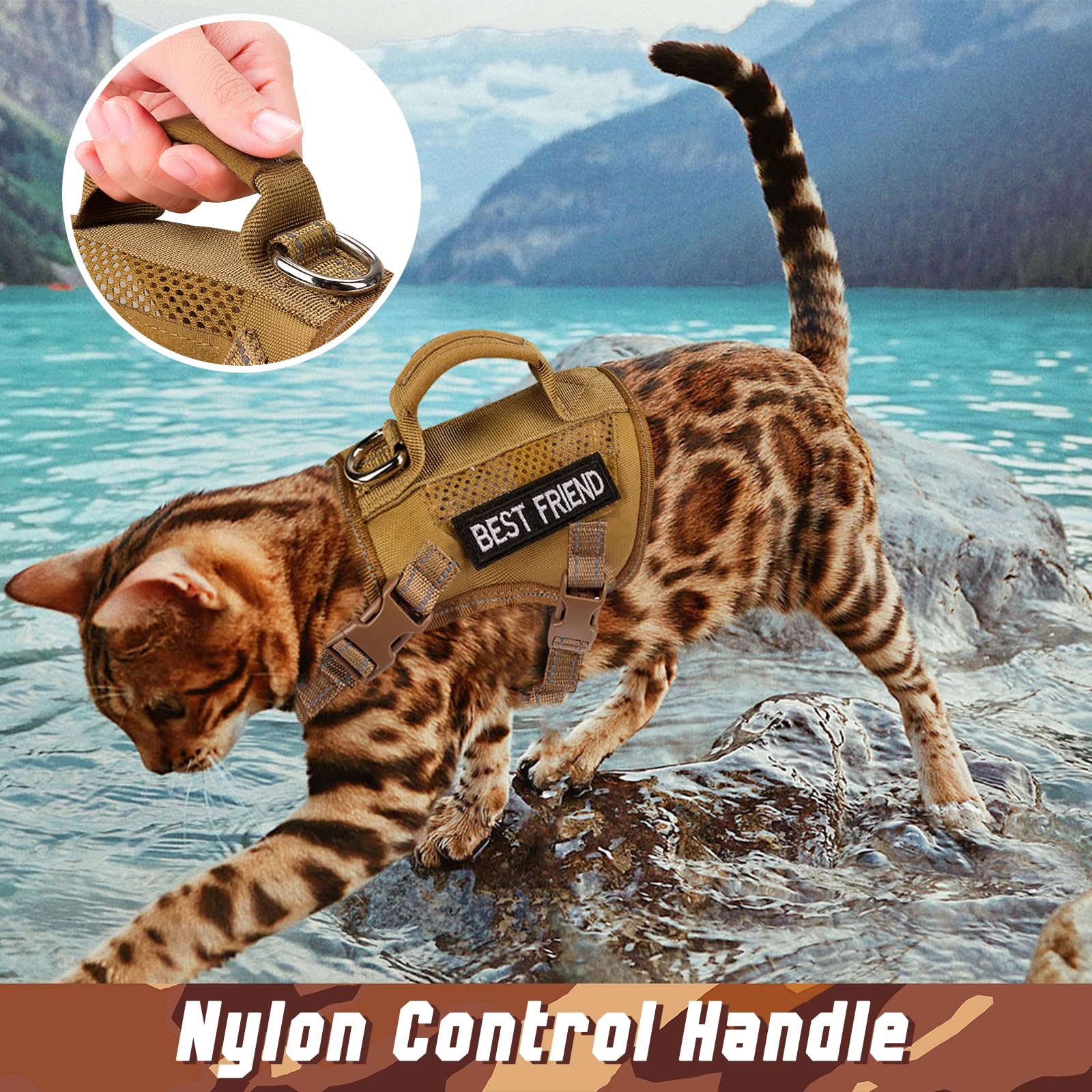 Salfse Large Tactical Cat Harness Leash, Air Mesh Adult Cat Walking Vest Harness Escape Proof With Handle, Reflective (Akhaki, X