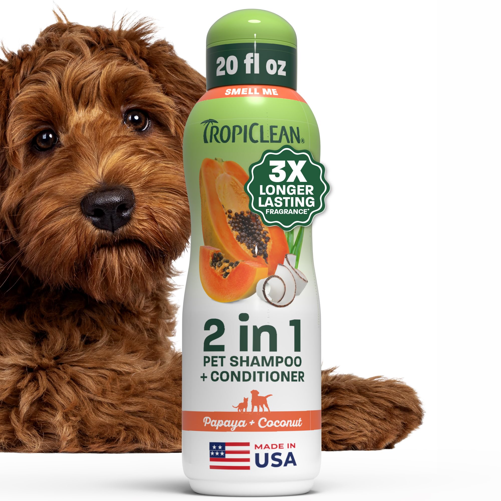 TropiClean 2-in-1 Dog Shampoo and Conditioner, Long Lasting Papaya Scent, Moisturizing Dog Detangler, Puppy & Kitten Safe, Made 