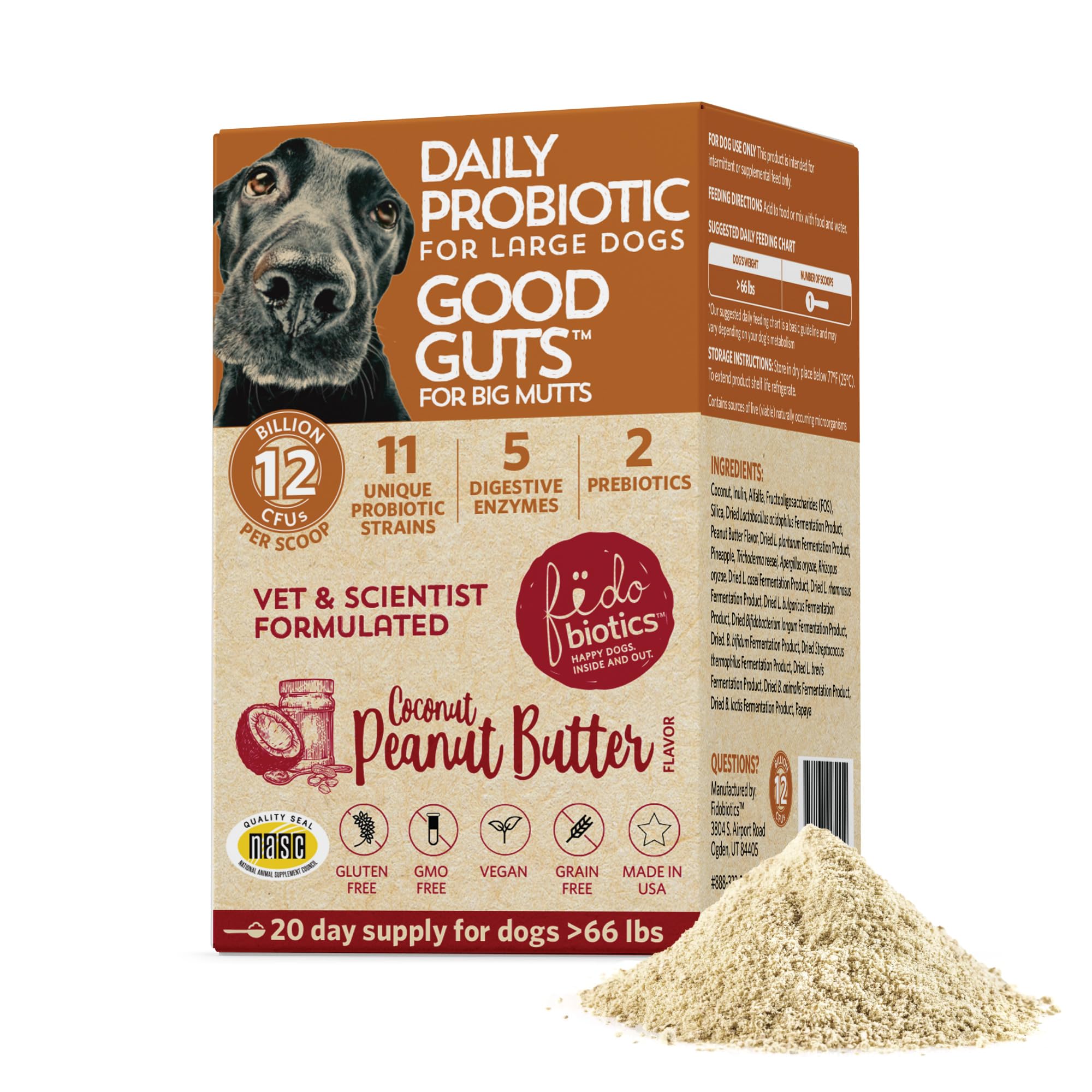 Fidobiotics Good Guts for Big Mutts Probiotic for Dogs, 12 Billion CFUs, 11 Strains, 5 Digestive Enzymes, 2 Prebiotics, Digestiv