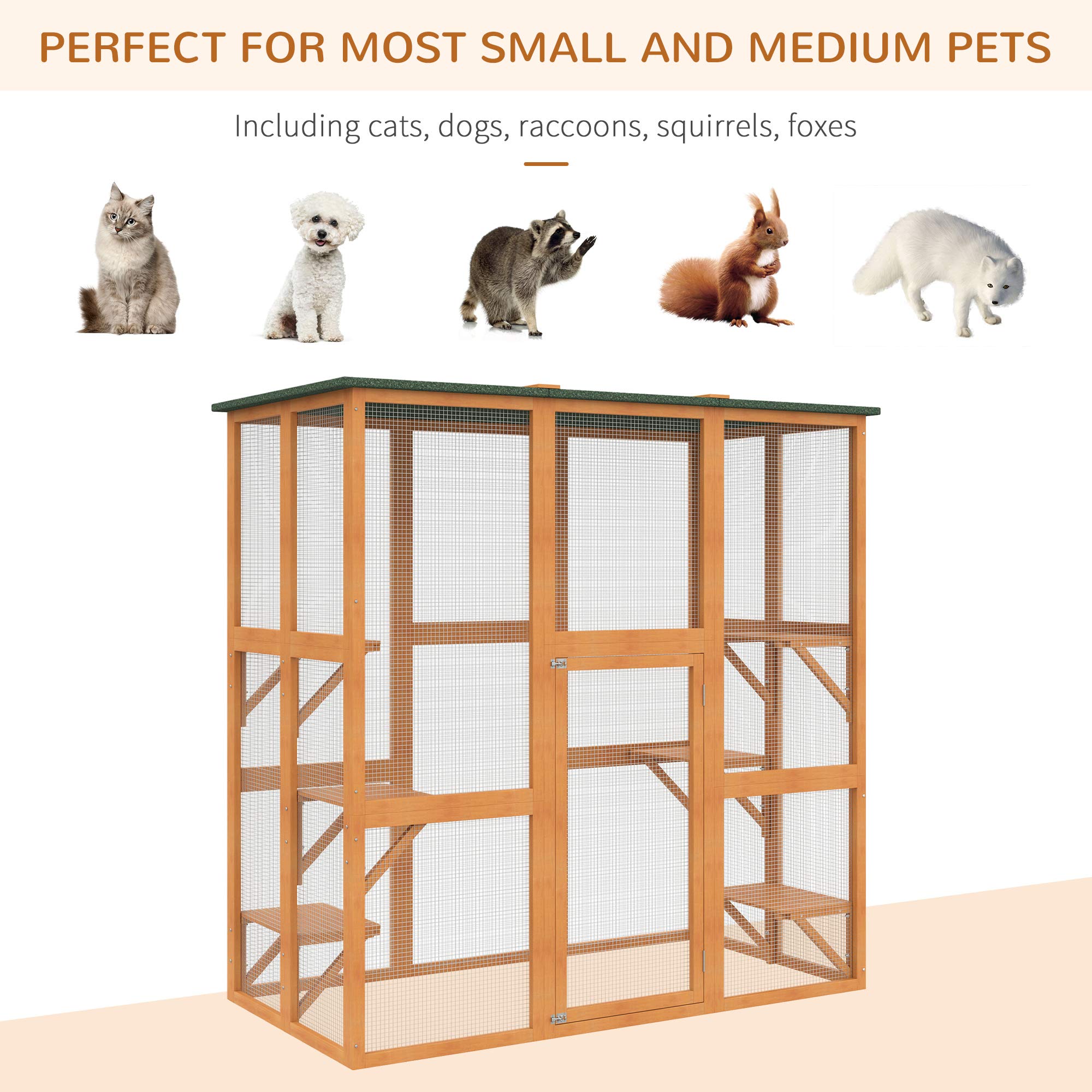 Pawhut Outdoor Cat House Big Catio Wooden Feral Cat Shelter Enclosure With Large Spacious Interior, 6 High Ledges, Weather Protection Asphalt Roof, 71' L, Orange