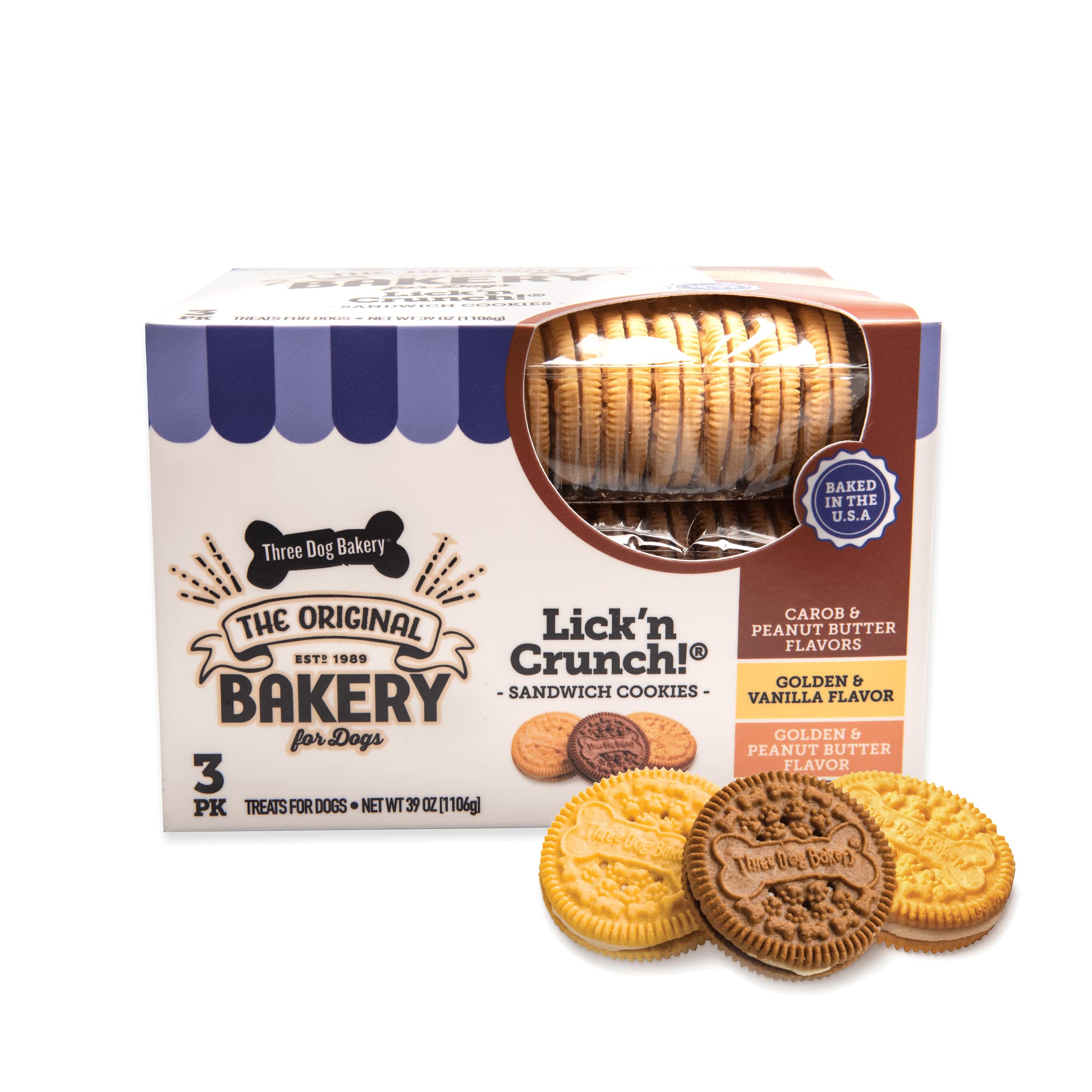 Three Dog Bakery Lickn Crunch Sandwich Cookies Premium Dog Treats with No Artificial Flavors, Carob/Peanut Butter, Golden/Vanil