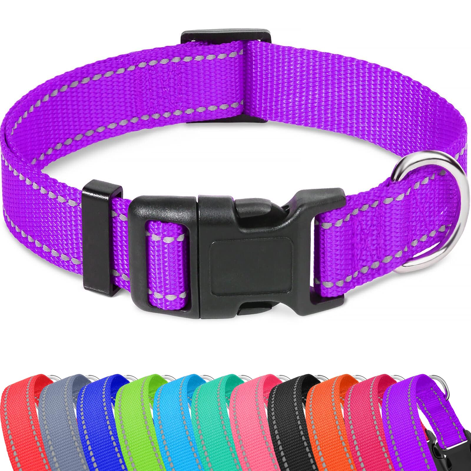 Taglory Reflective Adjustable Dog Collars For Puppy Small Medium Large Dogs, Thin Nylon Webbing And Quick Release Plastic Buckle(Purple,Large)