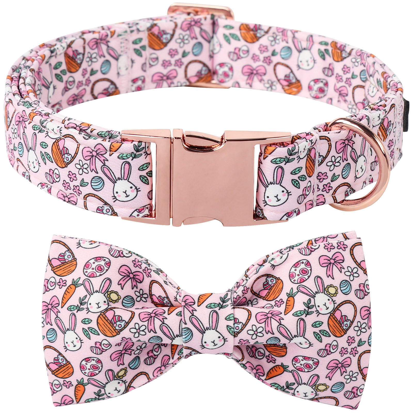 Lionet Paws Easter Dog Collar, Pink Rabbit Dog Collar For Medium Dogs With Bowtie, Adjustable Cotton Eggs Bowtie Pet Collars For