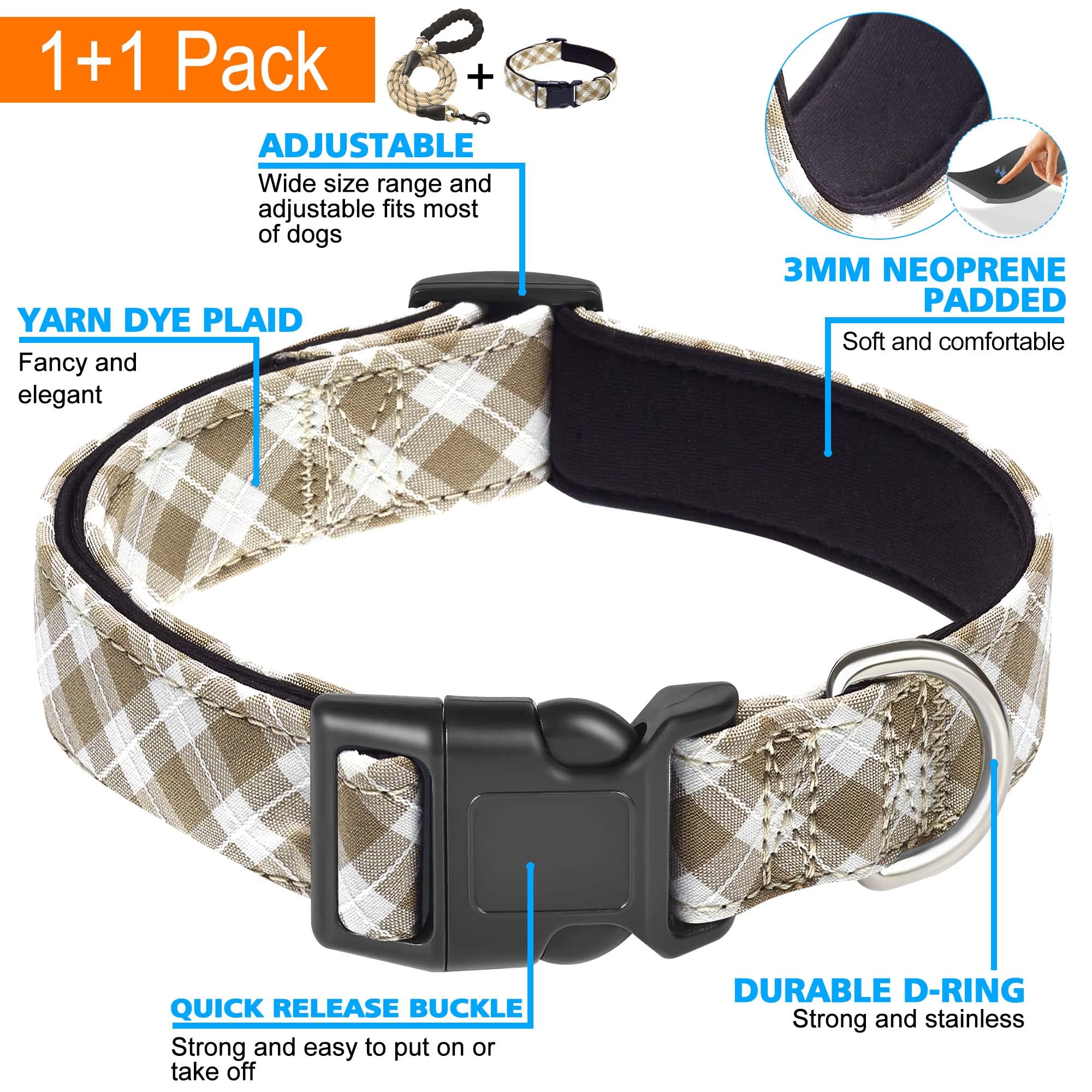 Ladoogo Reflective Dog Collar Padded With Soft Neoprene Breathable Adjustable Nylon Dog Collars For Small Medium Large Dogs (X-Small (Pack Of 1), Vanilla Plaid Collar+Leash)