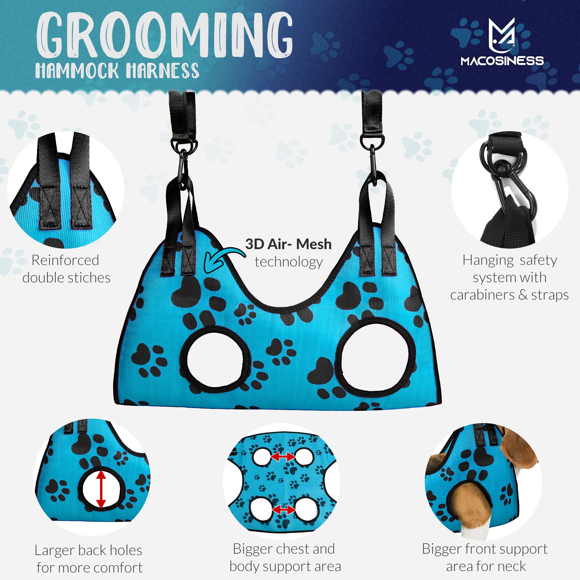 Macosiness Dog Grooming Hammock For Nail Trimming - Complete Groomers Helper Set For Pets - Pet Grooming Hammock With Hooks Dog