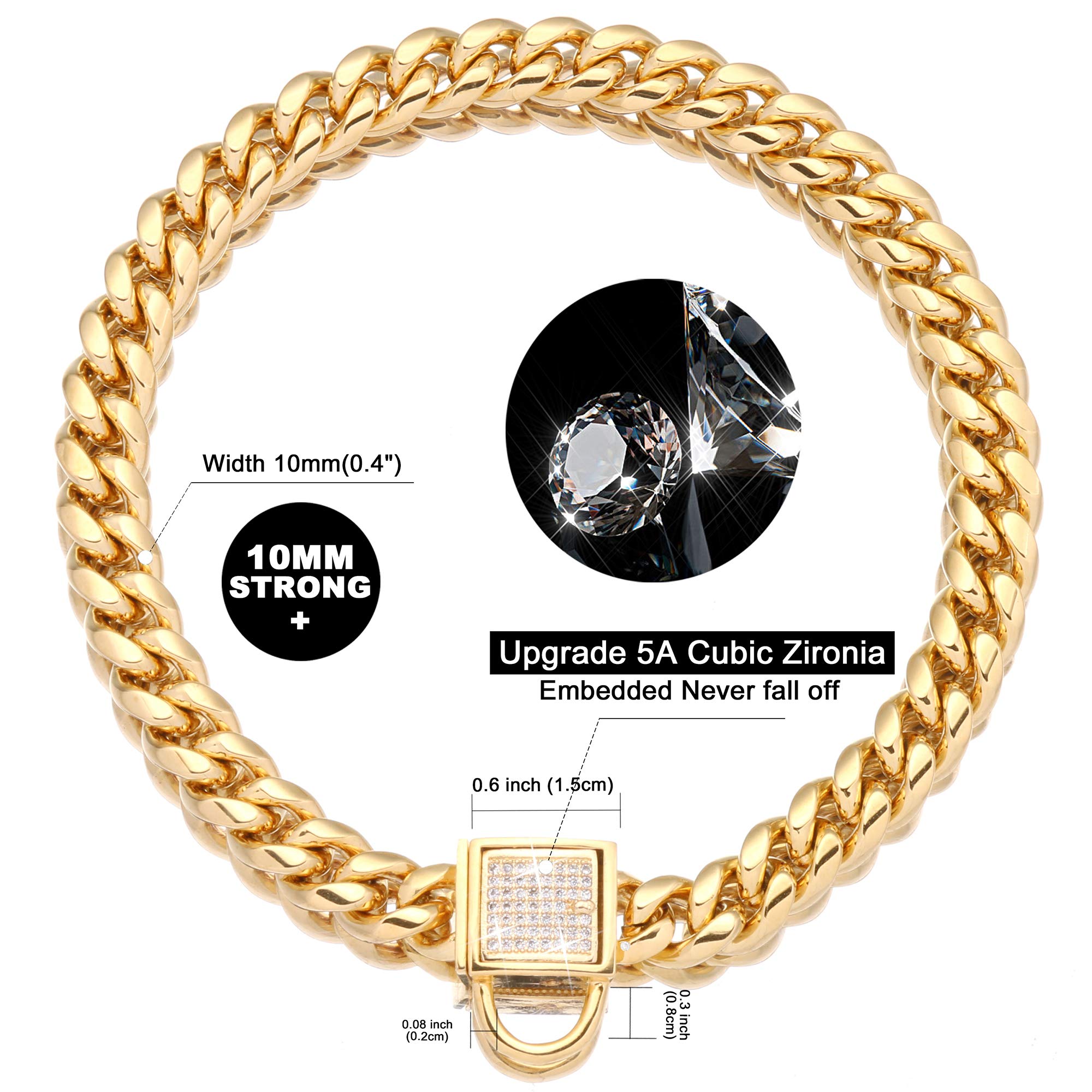 Pradog Gold Chain Dog Collar With Zirconia Buckle Stainless Steel Chain Collars Cuban Link Dog Collar Designer Bling Puppy Neckl