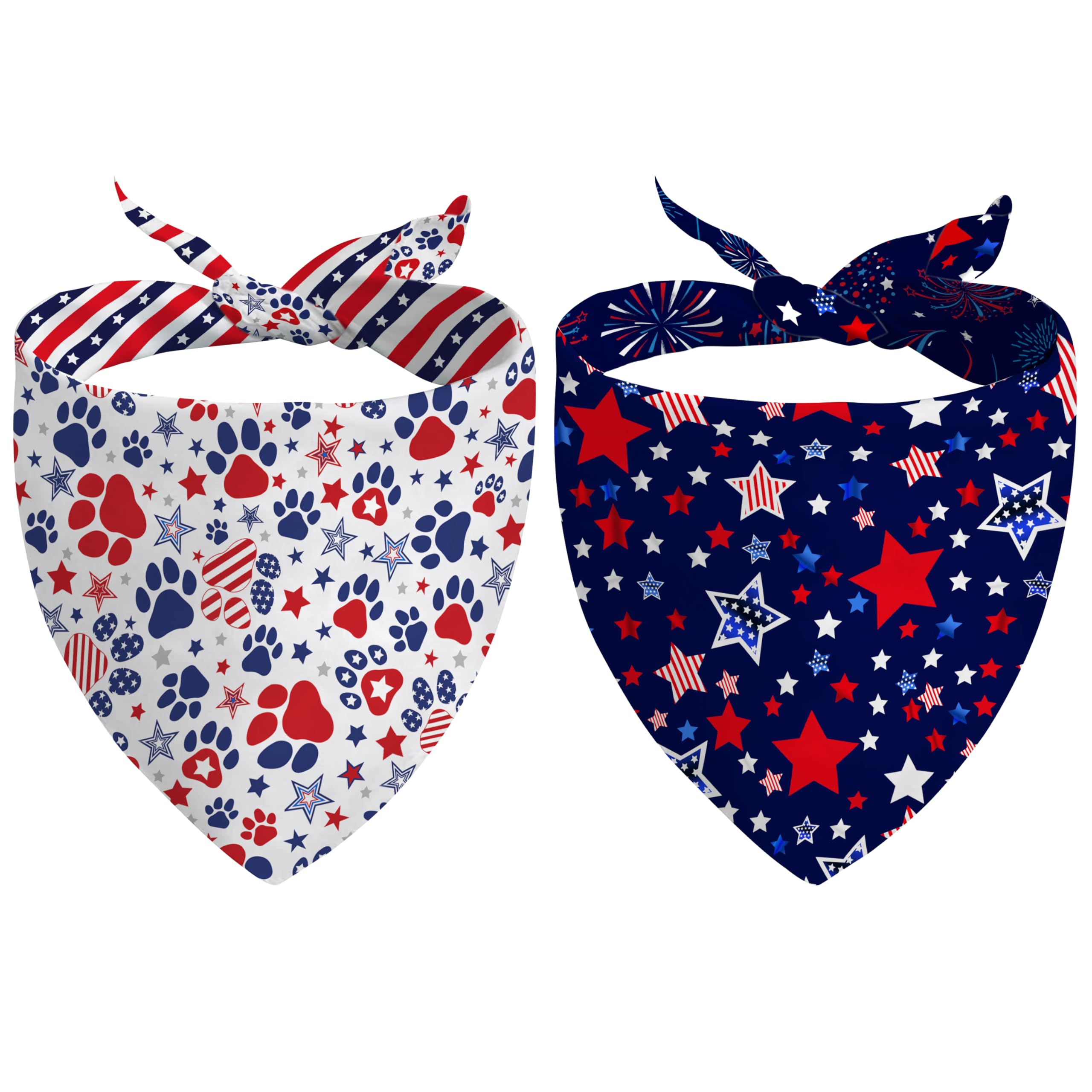 4Th Of July Dog Bandana Reversible 2 Pack Small, Red White And Blue Dog Paw Star Patriotic Dogs Bandanas Set Adjustable Triangle