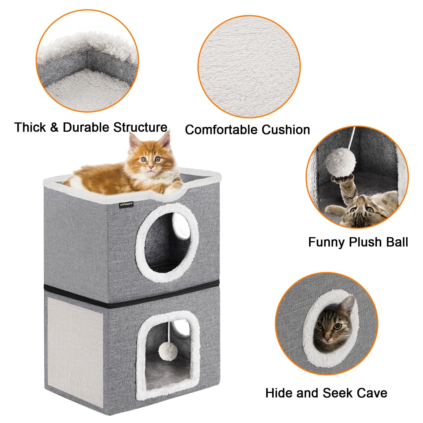 URPOWER Large Cat Bed - Dark Grey Covered Cat Cave with Scratch Pad, Fluffy Ball, and Foldable Design, Model CH2008 for Indoor Cats