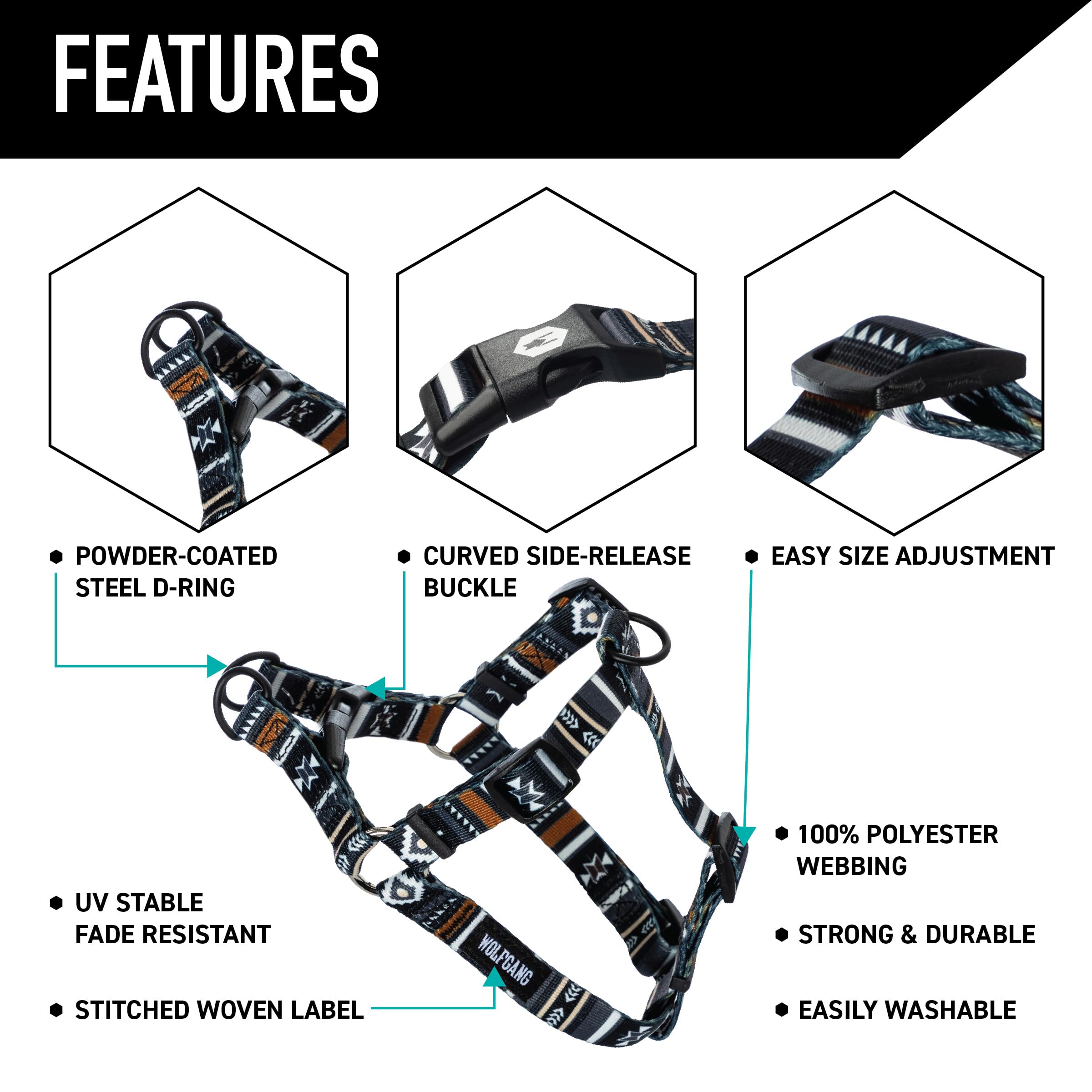 Wolfgang Heavy Duty Adjustable Dog Harness, Pull-Tested to Over 800 lbs for Walking & Training, NewMoon Print, Medium
