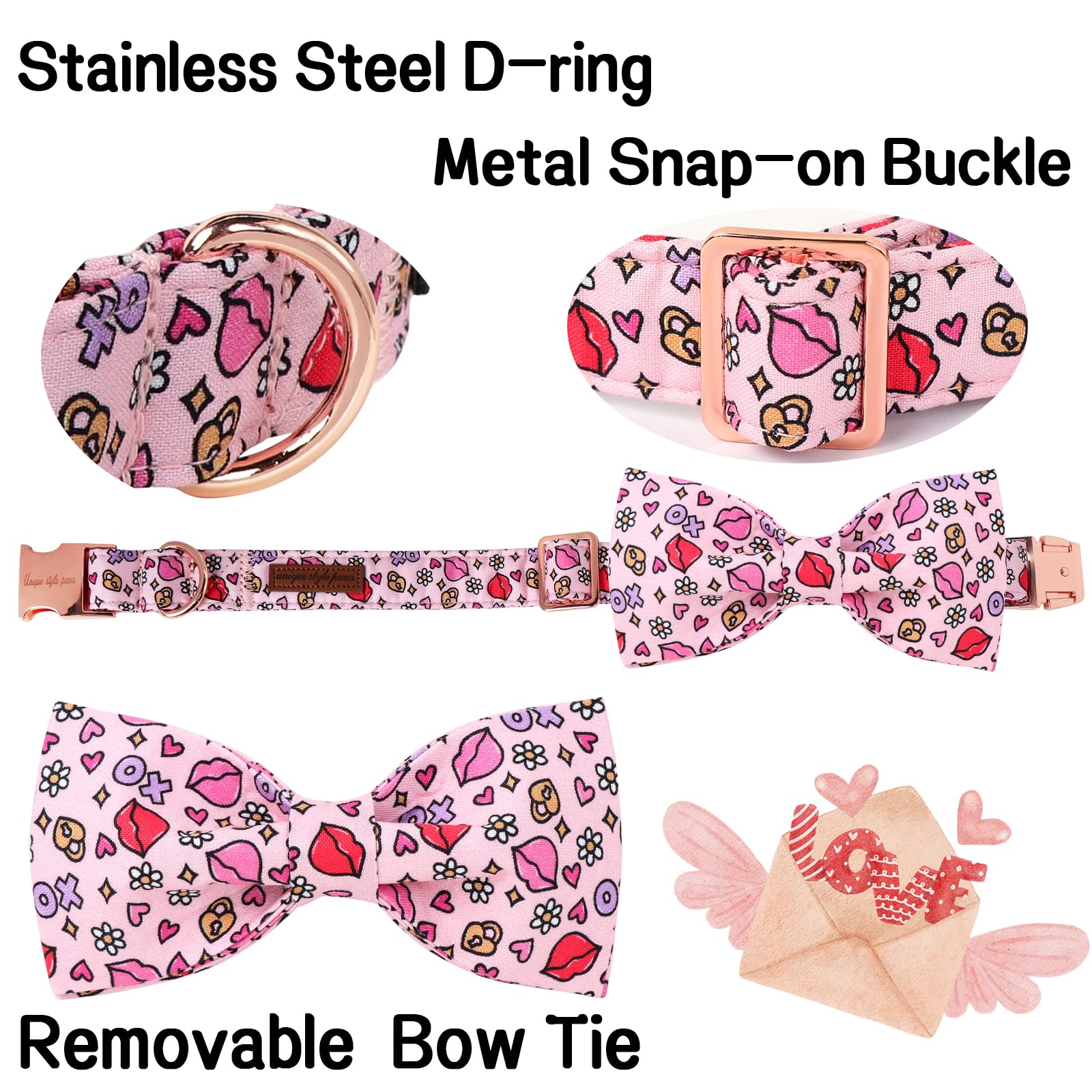 Unique Style Paws Valentine'S Day Dog Collar With Bow Tie Xo Red Lips Puppy Collar Best Gift For Small Medium Large Boys Girls-L