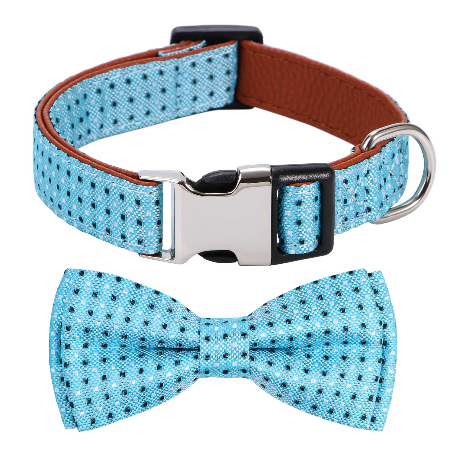 Rhea Rose Bow Tie Dog Collar Checkered Pattern Sky Blue with Bowtie for Boy Girl Dogs Small