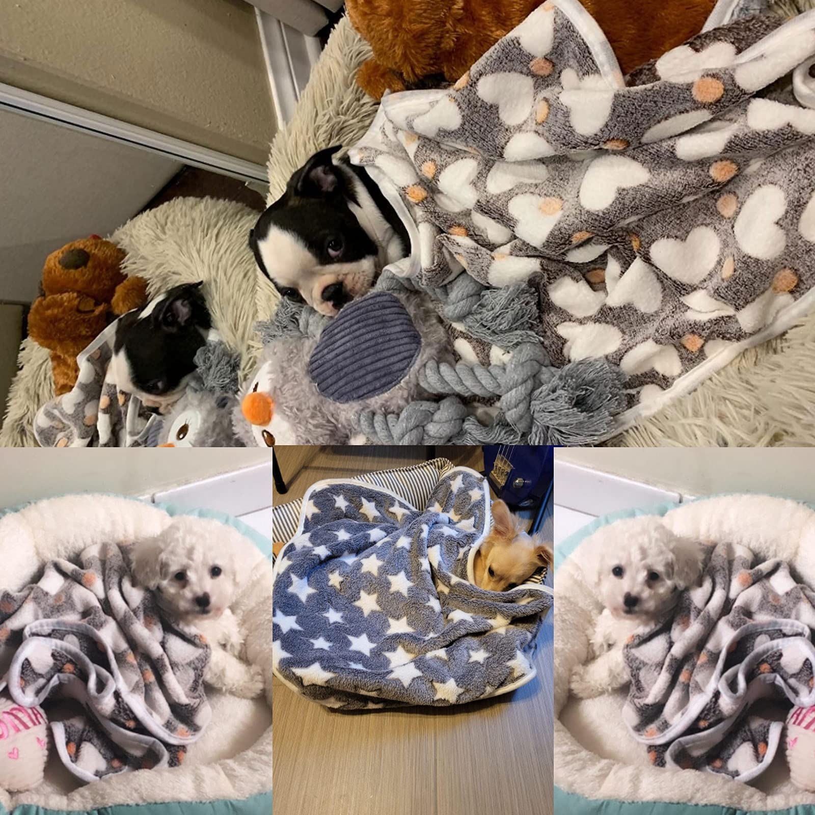 1 Pack 3 Puppy Blankets Super Soft Warm Sleep Mat Grey Cute Print Blanket Fluffy Fleece Pet Blanket Flannel Throw Dog Blankets For Small Dogs Puppy Dogs Fluffy Cats,Star&Bone&Love-Large(40'X30')