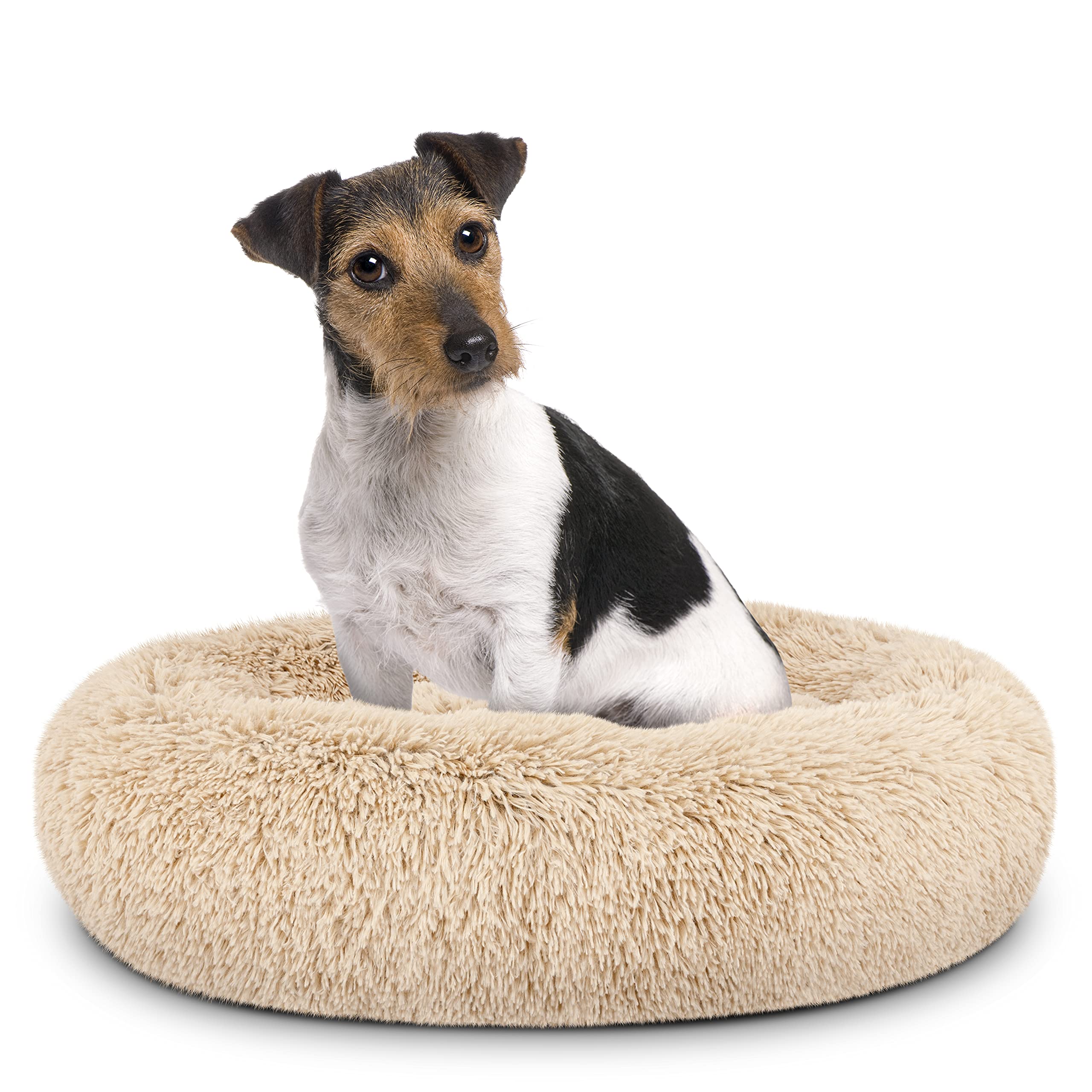 The Dogs Bed Sound Sleep Donut Dog Bed, Med Dog Beige Fur Calming Nest Bed, Veterinary Approved