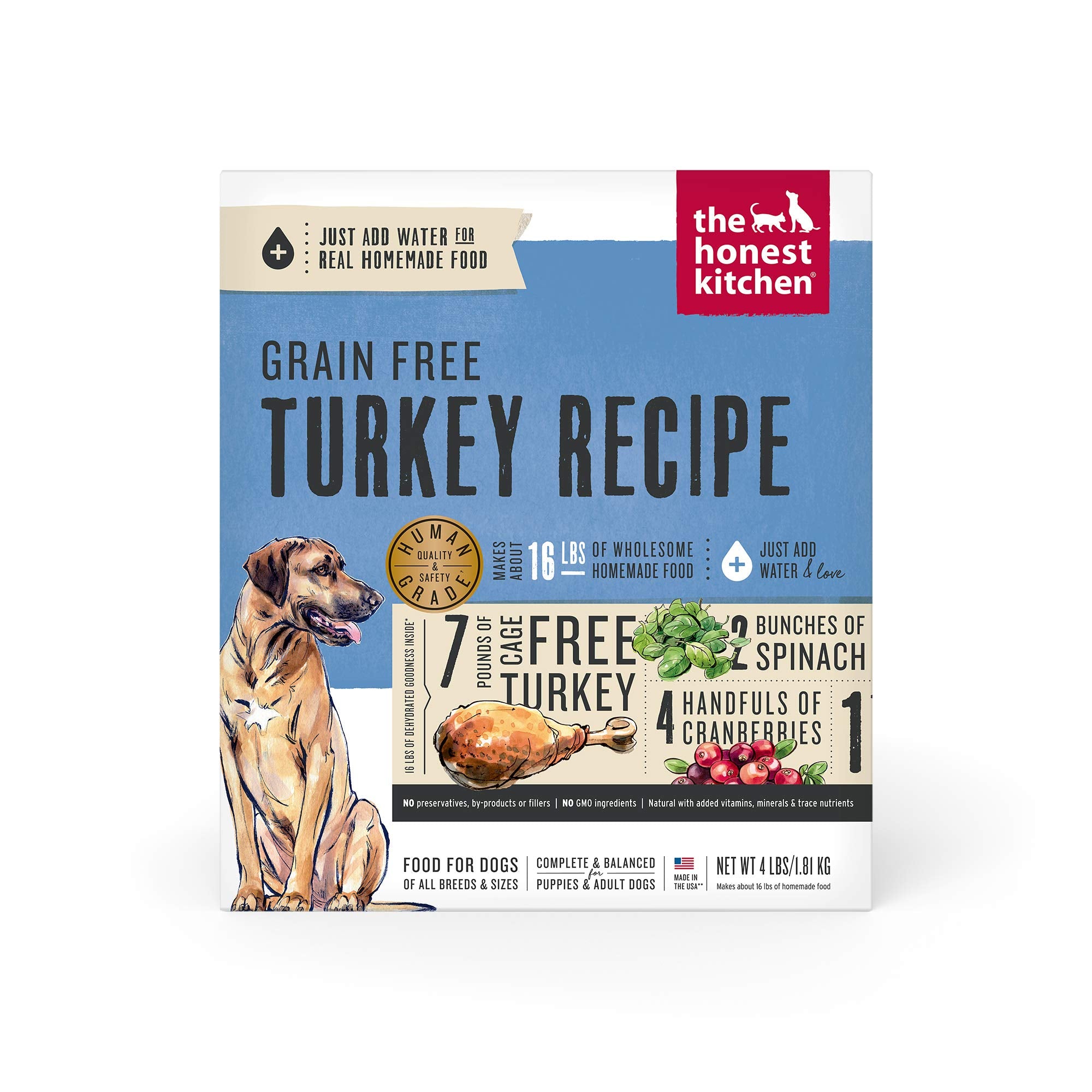 The Honest Kitchen Human Grade Dehydrated Grain Free Dog Food - Complete Meal or Dog Food Topper - Turkey 4 lb (makes 16 lbs)