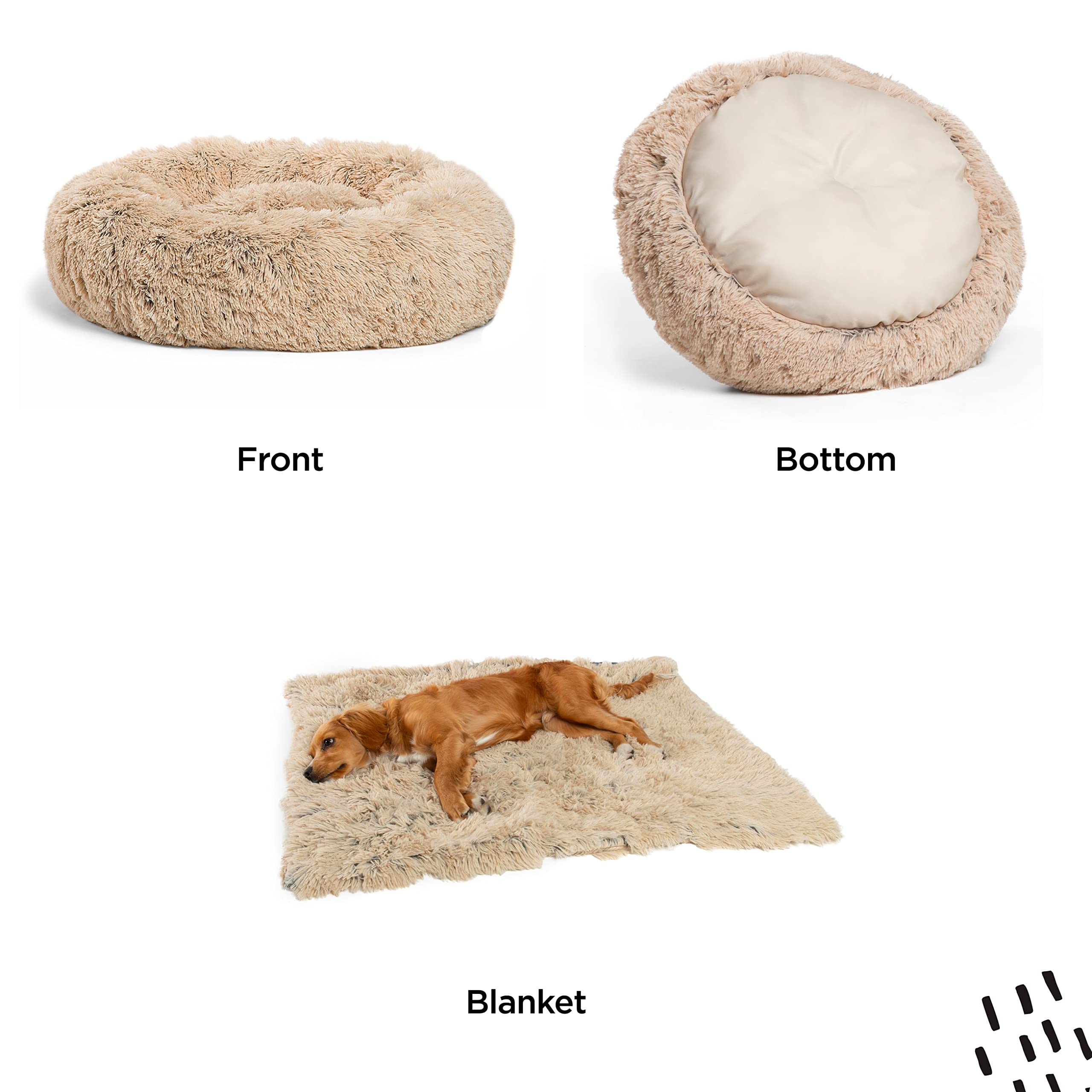 Best Friends by Sheri Calming Shag Donut Bed & Blanket Set, Taupe, Small 23" x 23", Long Shag Fur, Model 4934