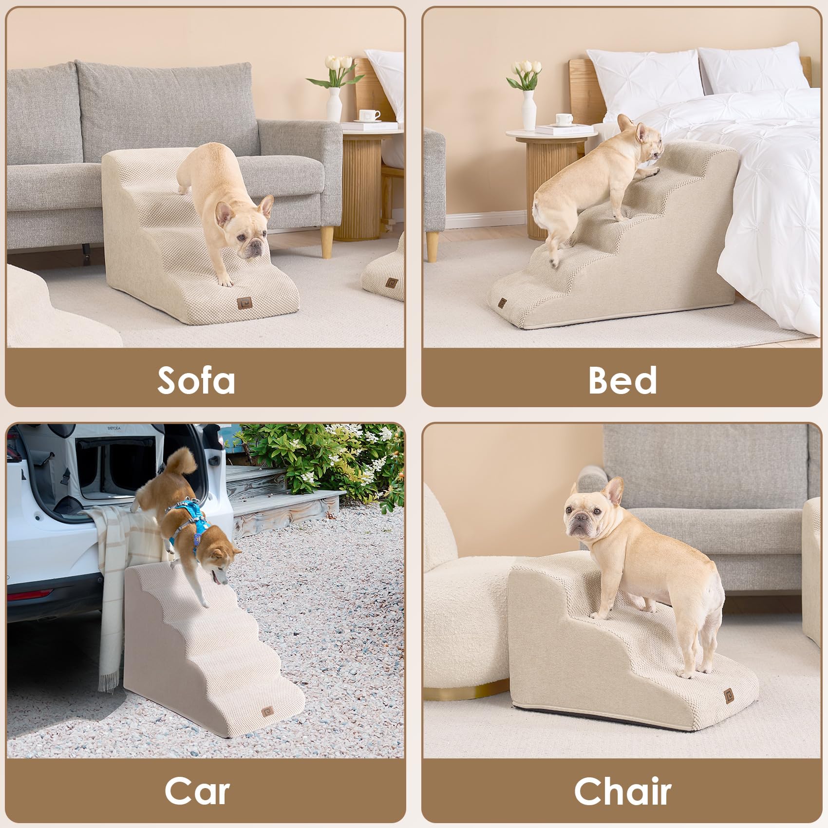 Eheyciga Curved Dog Stairs Ramp For High Beds 19.7' H, 4-Step Dog Steps For Small Dogs And Cats, Pet Stairs For High Bed Climbing, Non-Slip Balanced Pet Step Indoor, Beige