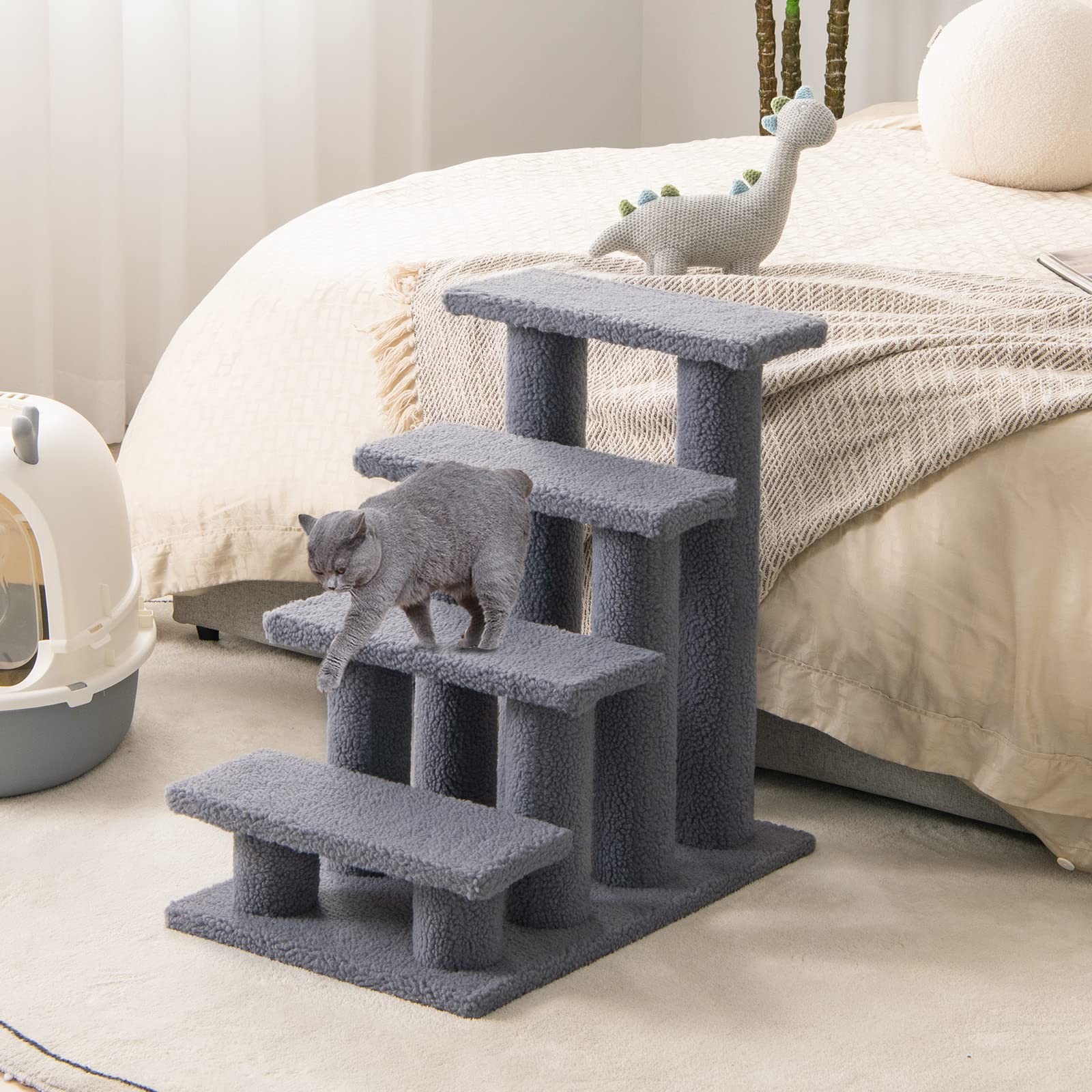 Tangkula Pet Stairs For Cats And Dogs, 4-Step Carpeted Ladder Ramp Cat Climber Cat Scratching Post, Multi-Step Dog Stairs For Hi