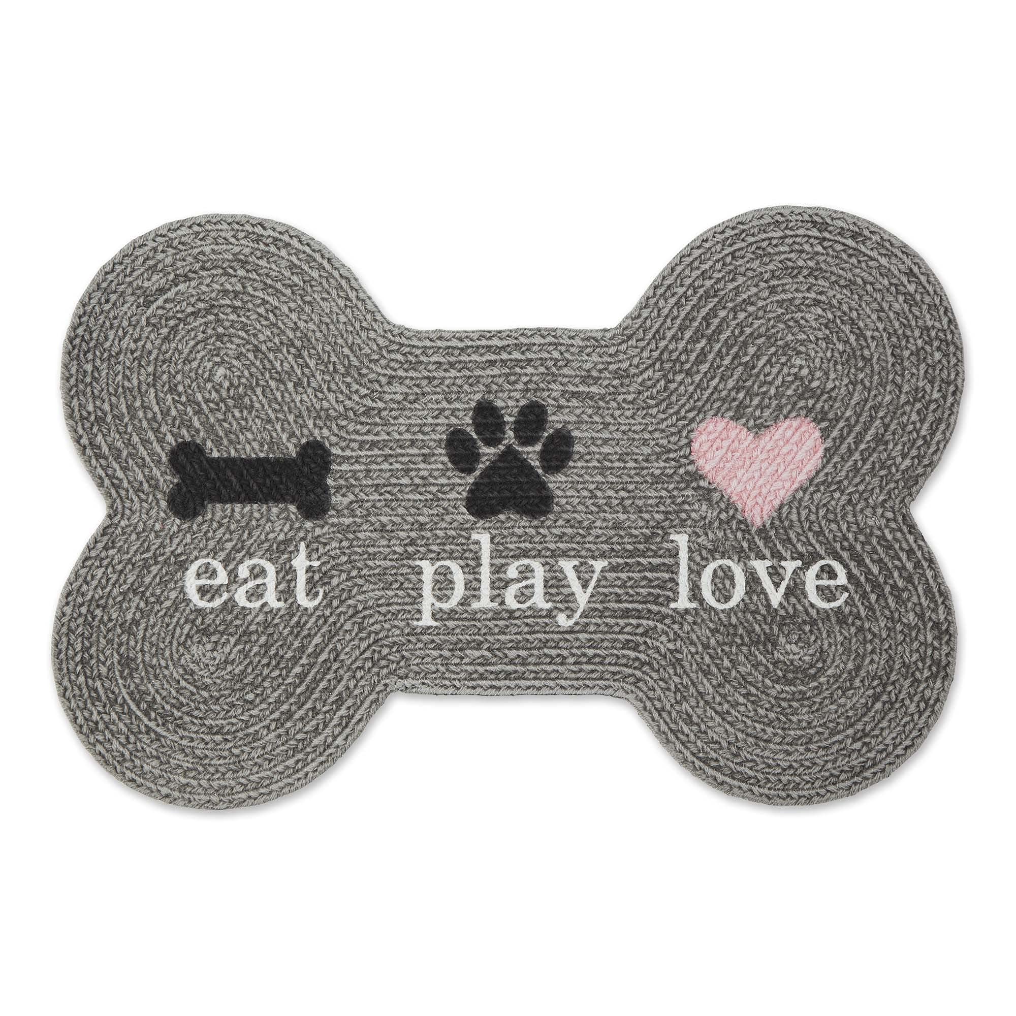 Bone Dry DII Braided Pet Mat Collection 100% Cotton, Bone Shape, Gray Eat Play Love