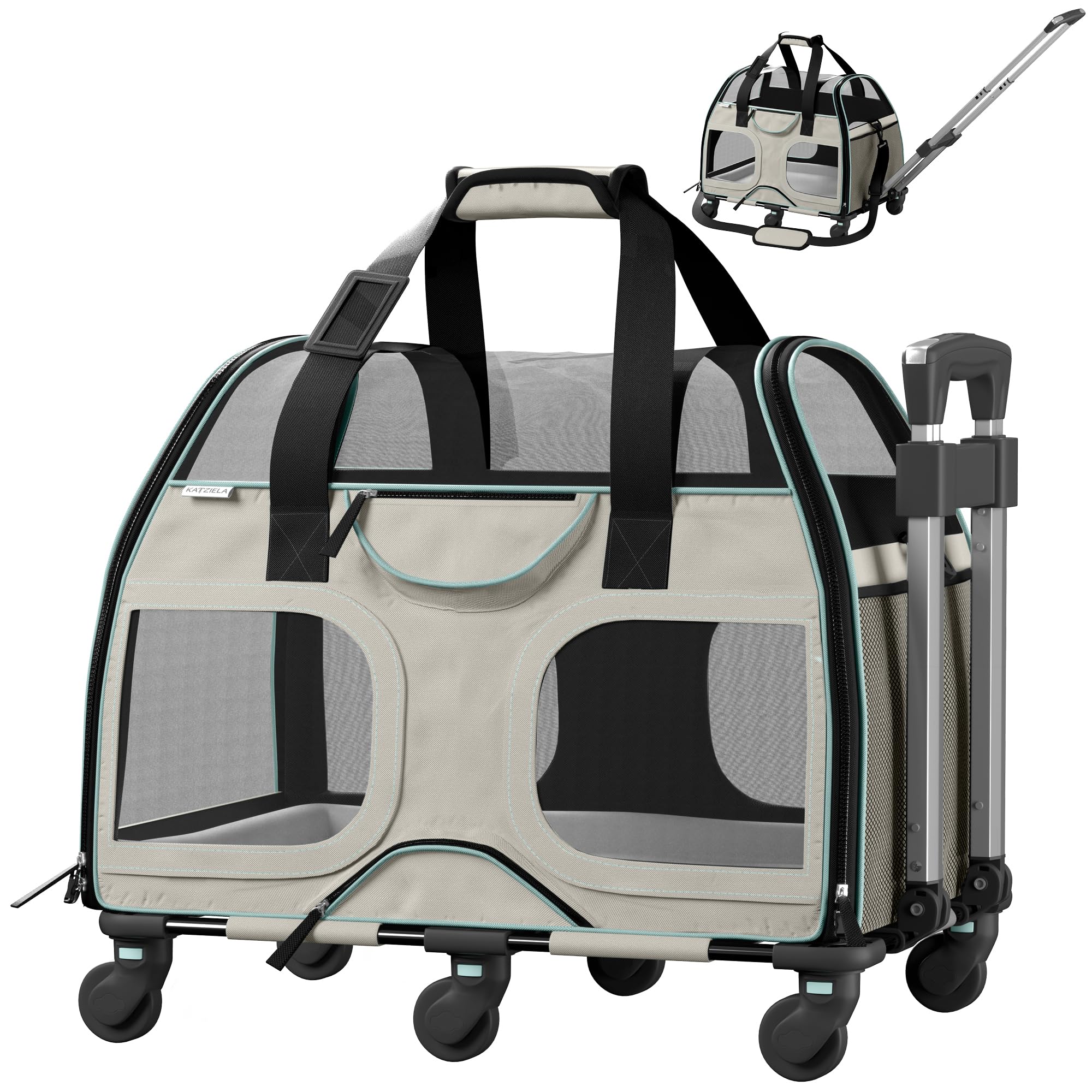 Katziela Rolling Pet Carrier - Airline Compliant Dog Carrier - Tsa Approved Pet Carrier For Small Dogs And Cats - Soft Faa Trave