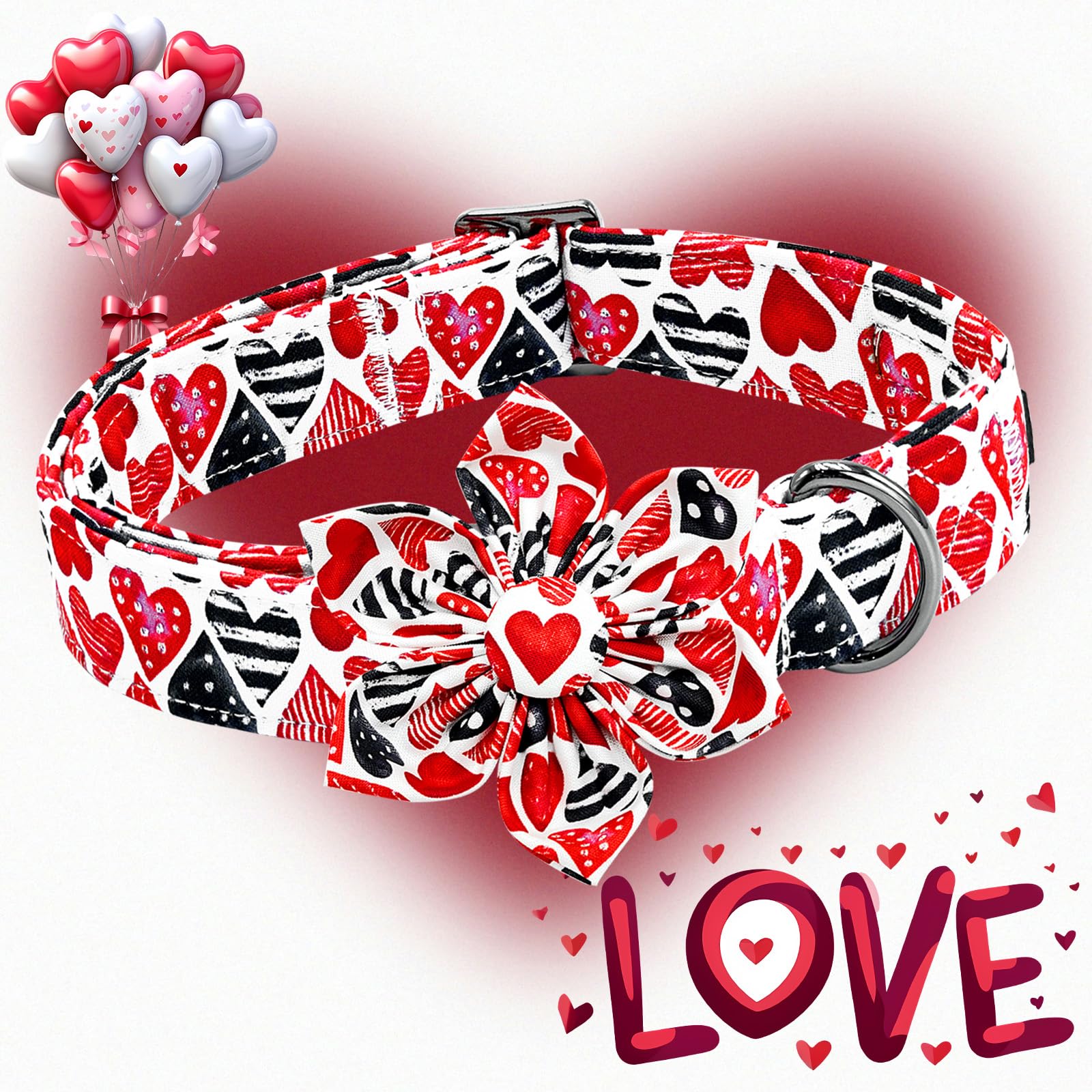 Lionheart Glory Valentine'S Day Dog Collar-Red Hearts Print Dog Collar With Flower For Large Dogs Spring Pink Cute Dog Bow Colla