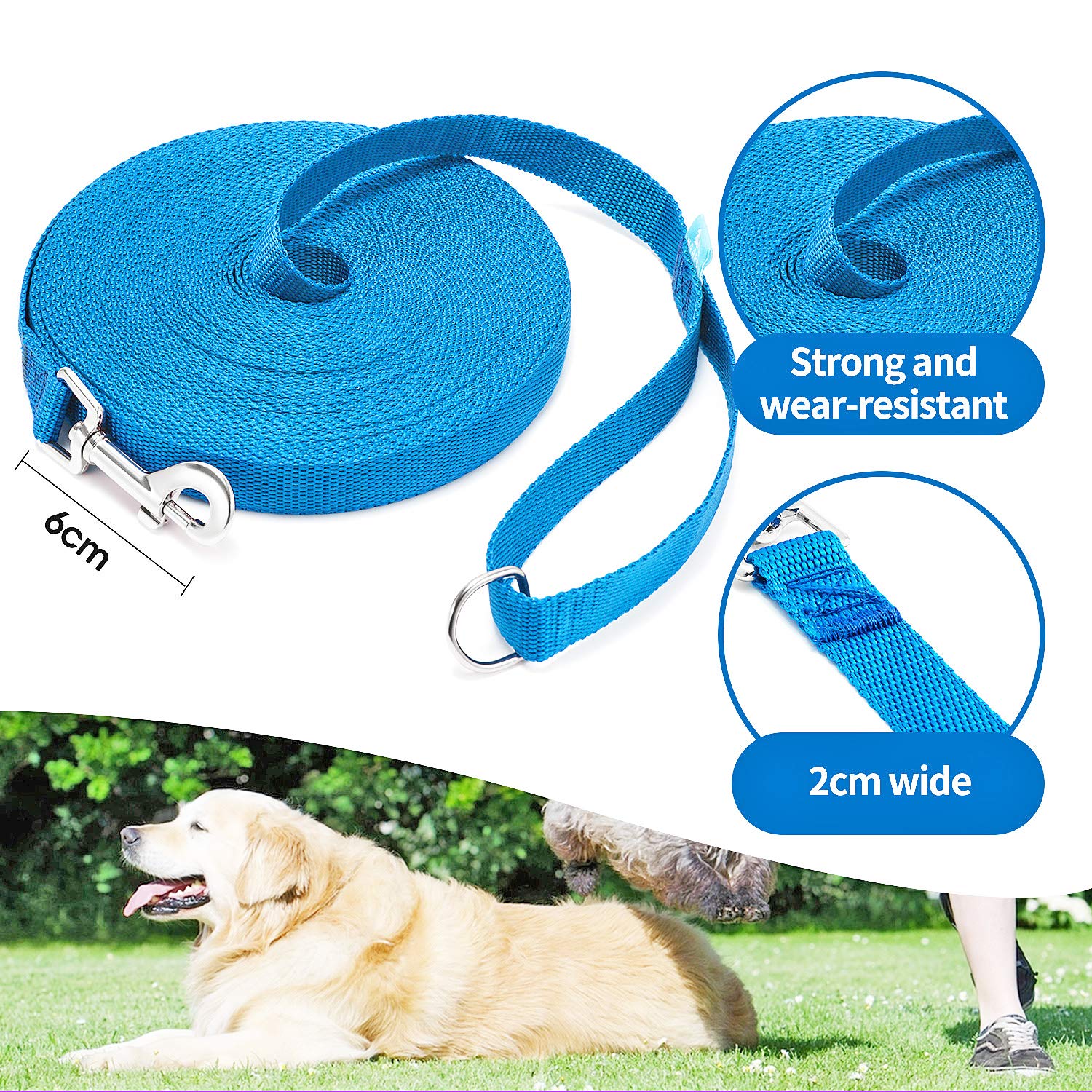 Baapet 15/20/30/50/100 Ft Long Dog Training Leash With Clickers For Small, Medium And Large Dogs Or Cats (100 Feet, Blue)
