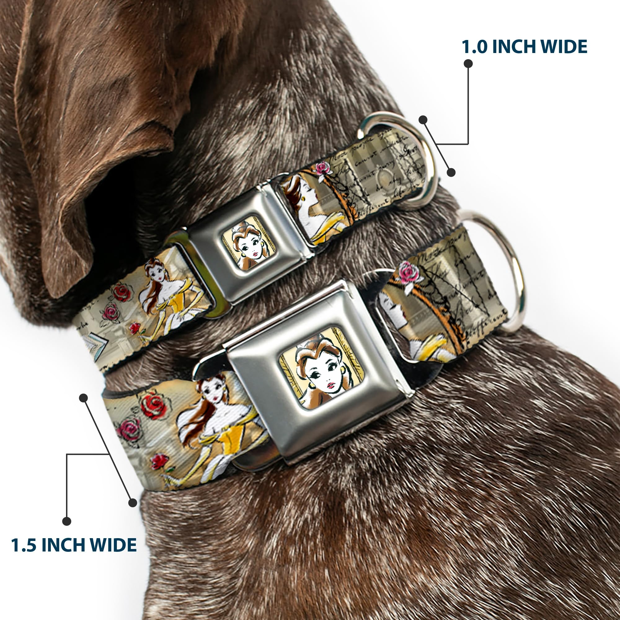 Buckle-Down Seatbelt Buckle Dog Collar - Belle Sketch Poses/Story Script - 1.5 Wide - Fits 16-23 Neck - Medium