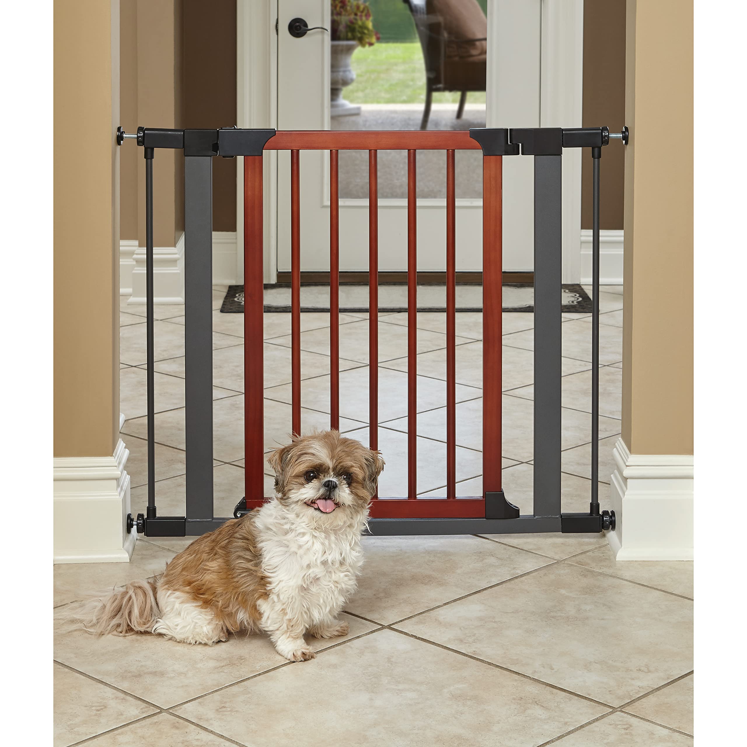 MidWest Homes for Pets 29 Inches Tall Walk-Though Wood Decorative Steel Pet Gate, Pressure Mounted Dog Gate Measures 29H x 29.5-