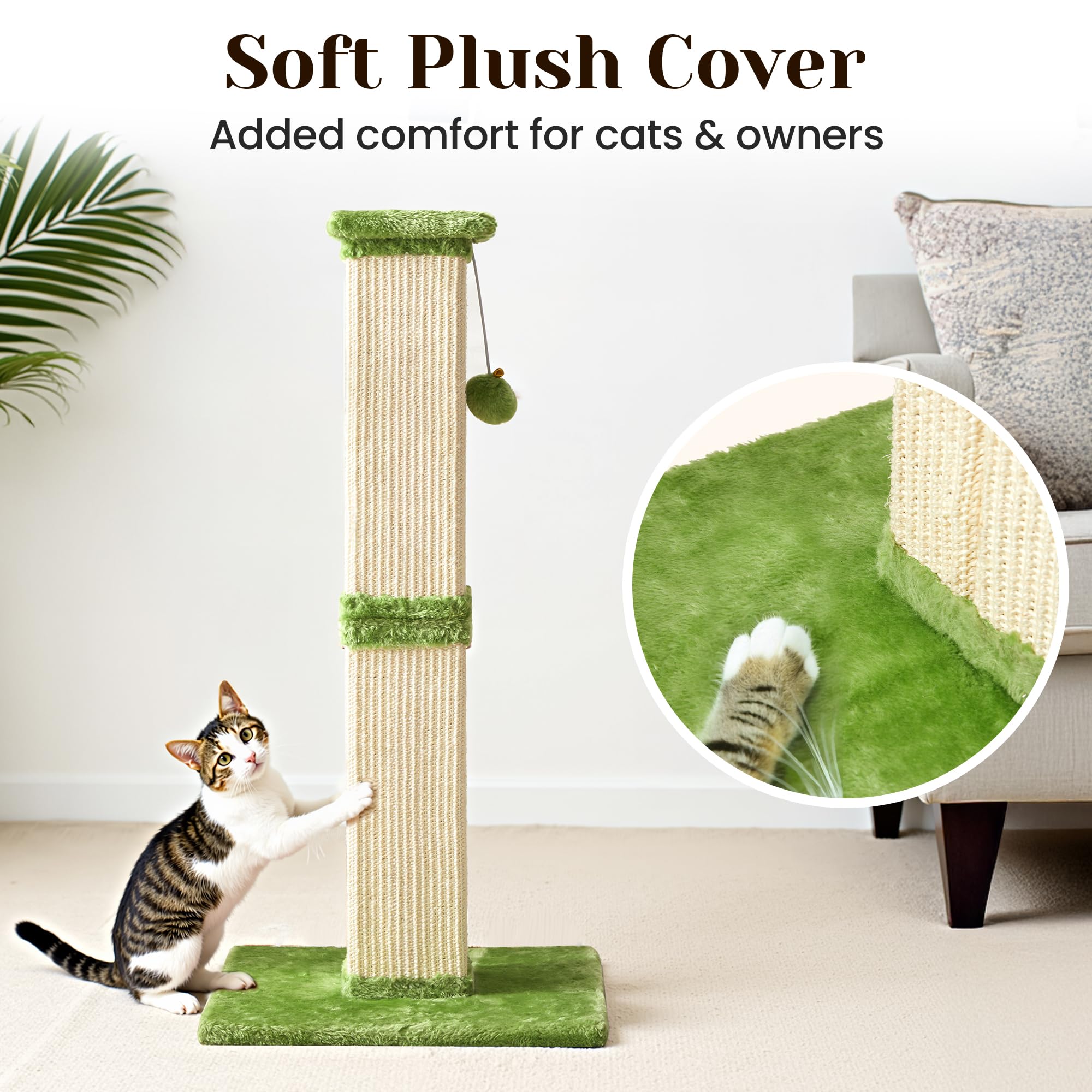 Fansafurn Cat Scratching Post with Hanging Toy Ball, 32-Inch Tall Sisal Cat Scratcher for Indoor Cats, Green