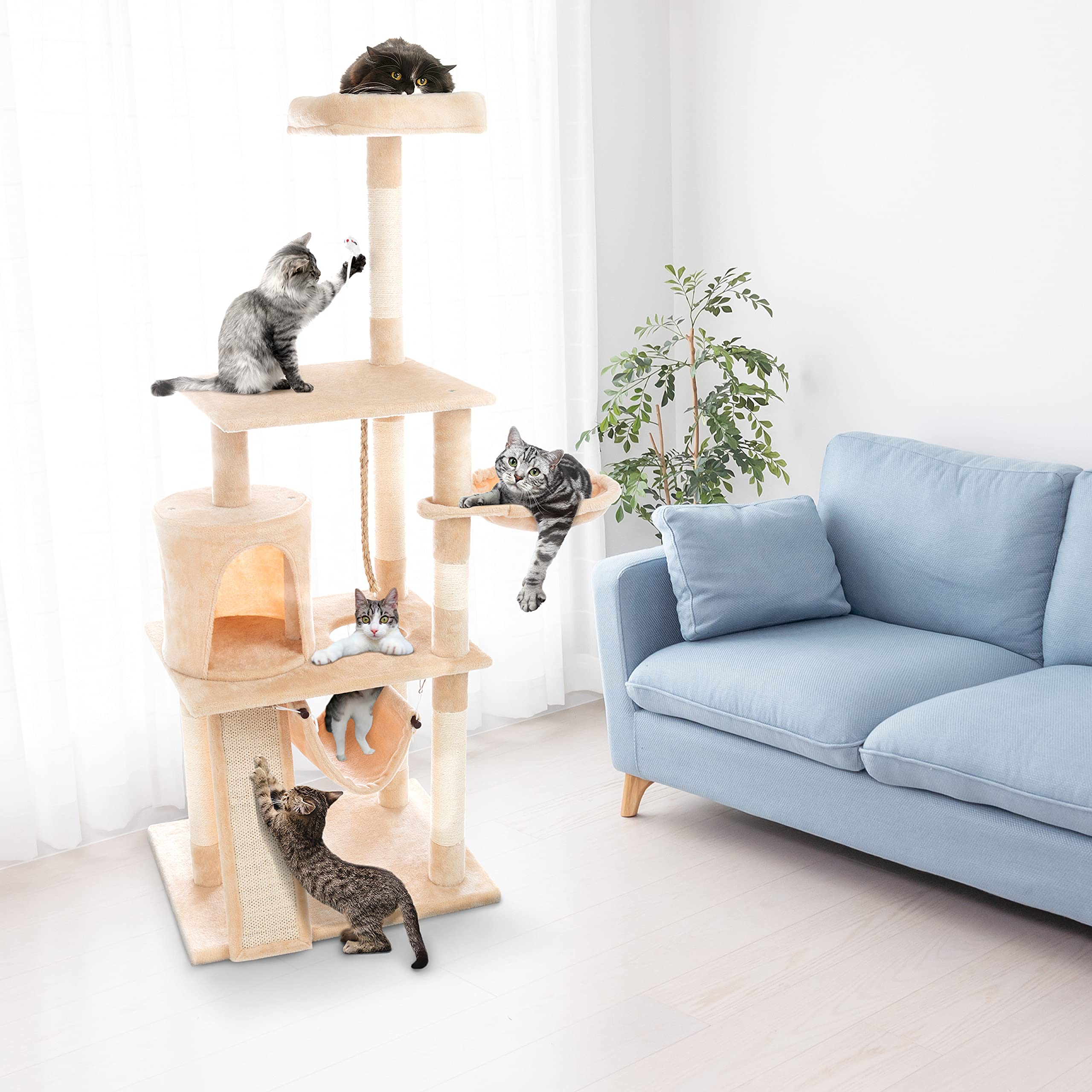 4-Tier Indoor Cat Tower - Deluxe 6-Post Scratcher with Board, Napping Perches, Sleeping Condo, Hammocks, and Hanging Toys for Ca