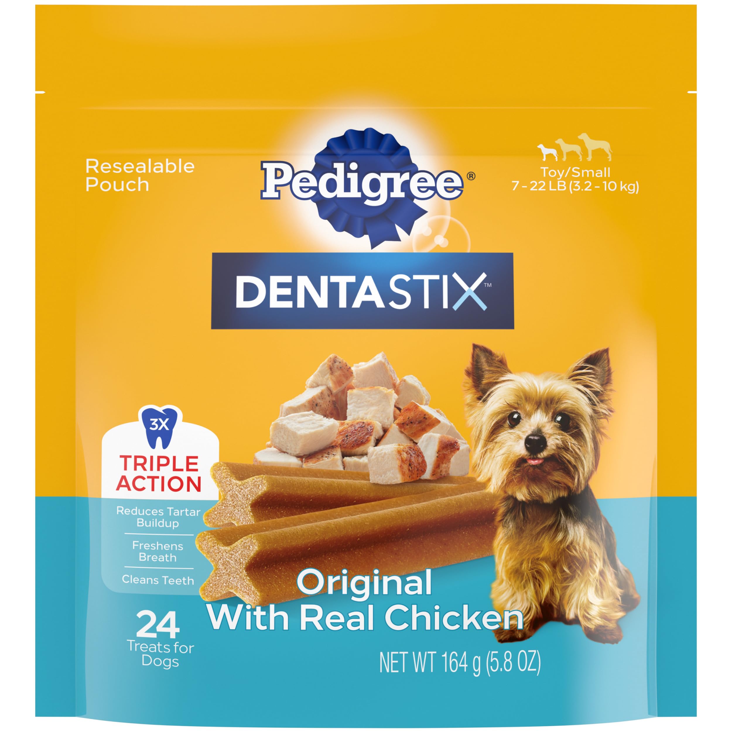 Pedigree Dentastix Dental Care Treats Toy & Small Breed, Original With Real Chicken, 24 Treats (Pack of 7)